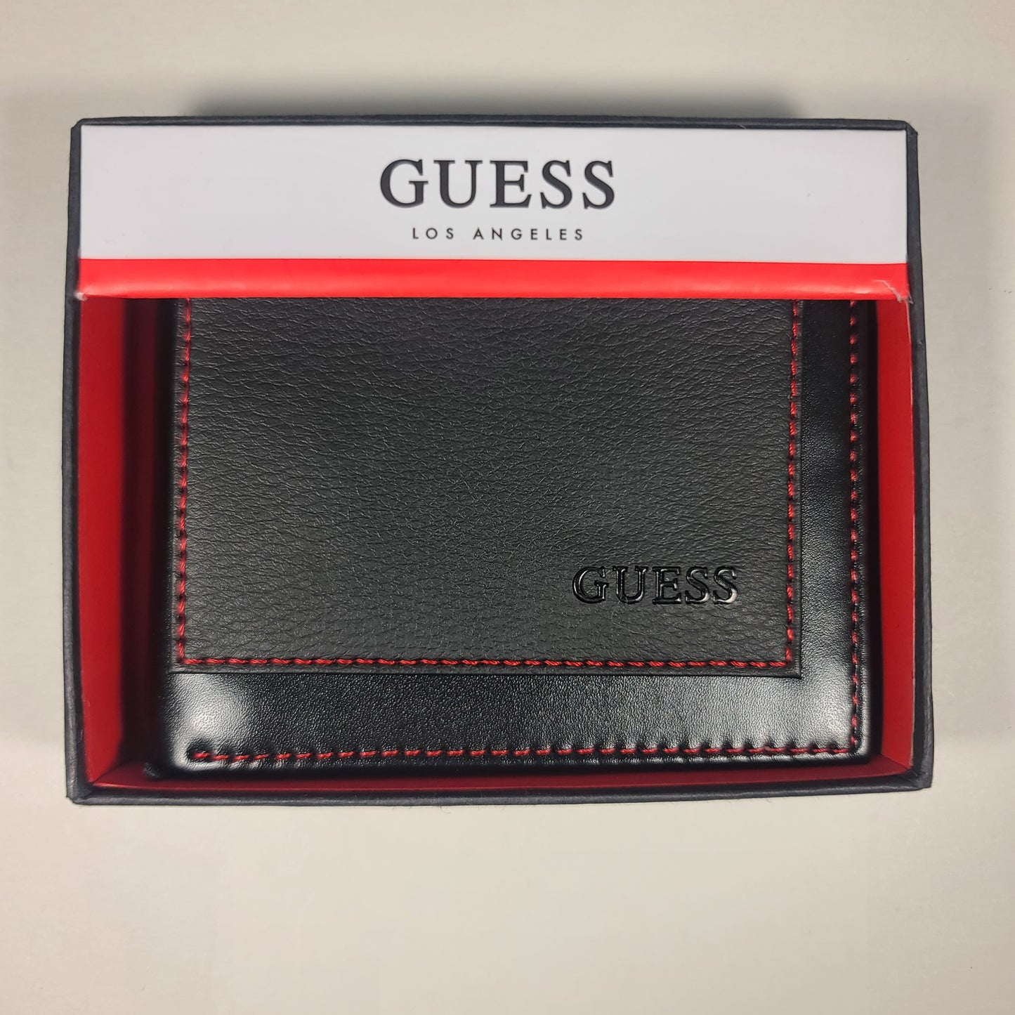 Guess Los Angeles Men’s Bifold Wallet Faux Black Red Stitching 31GO220100 - Wallets