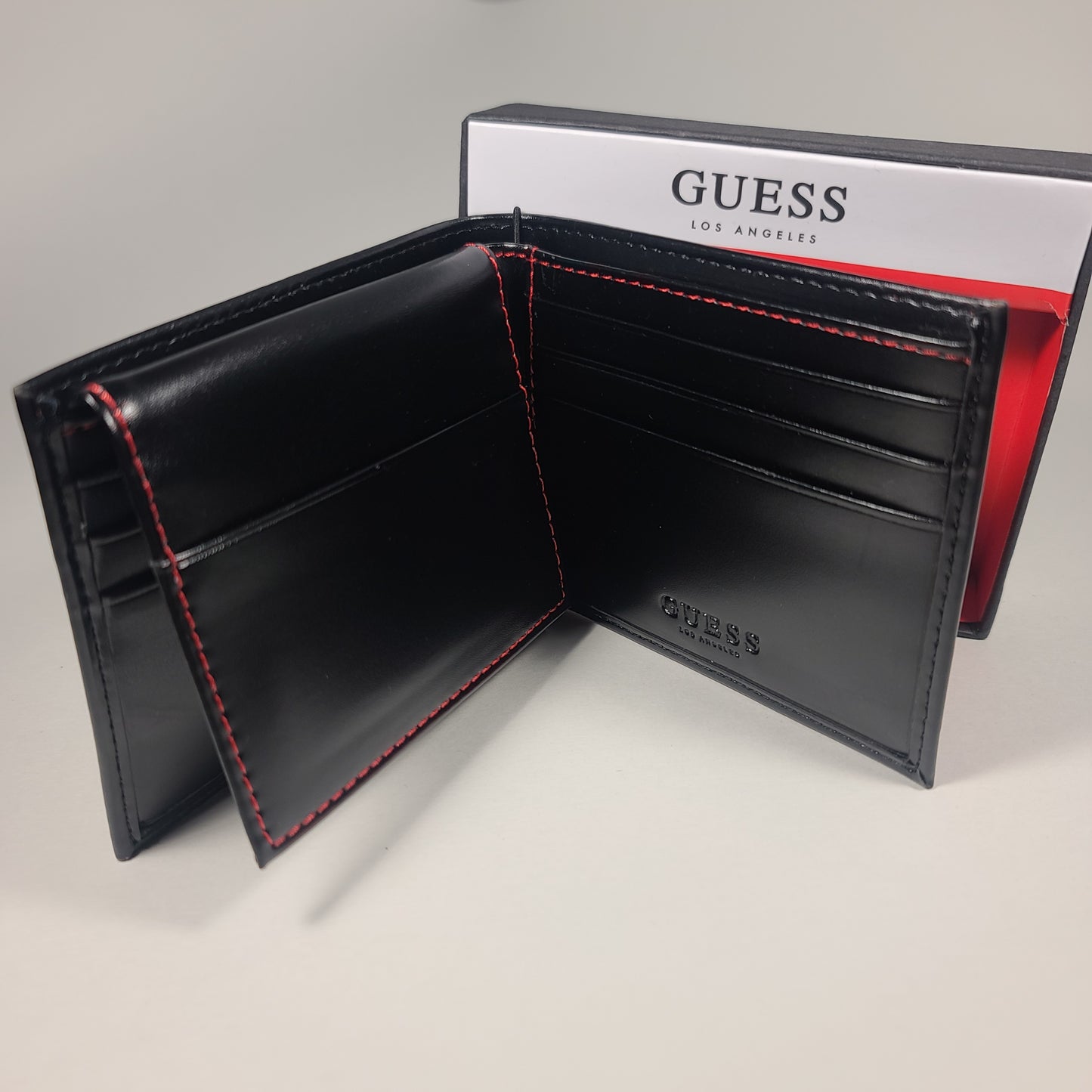 Guess Los Angeles Men’s Bifold Wallet Faux Black Red Stitching 31GO220100 - Wallets