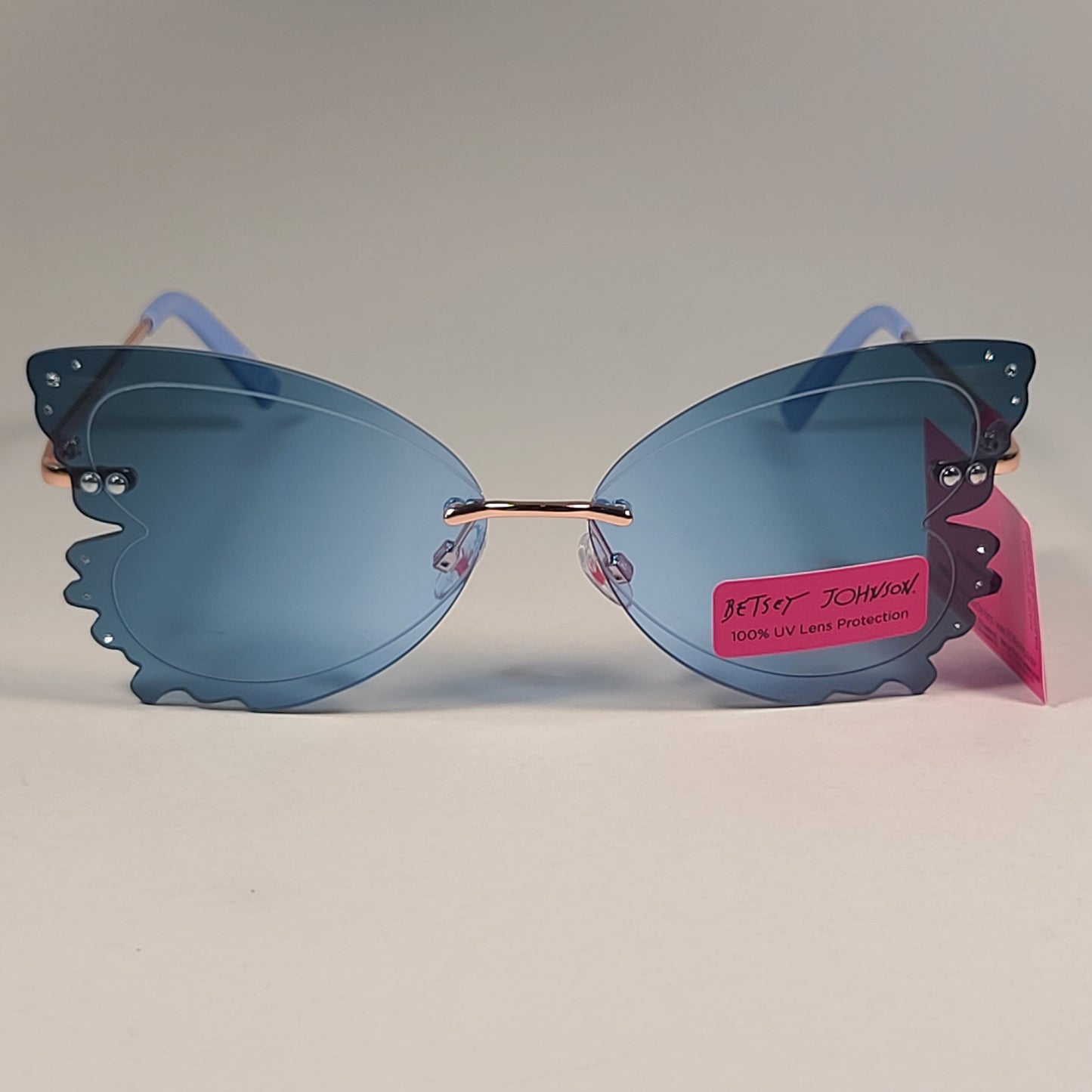 Betsey Johnson Rimless Butterfly Sunglasses Gold Frame Blue Lens BJ 23 204 EMB BLU