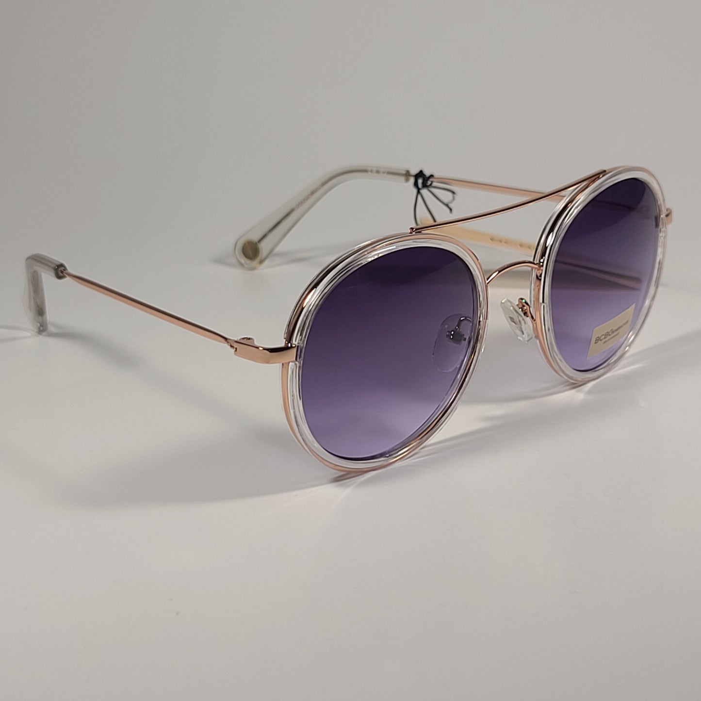 BCBGeneration Round Sunglasses Rose Gold And Clear Frame Purple Gradient Lens BG3042 708 - Sunglasses