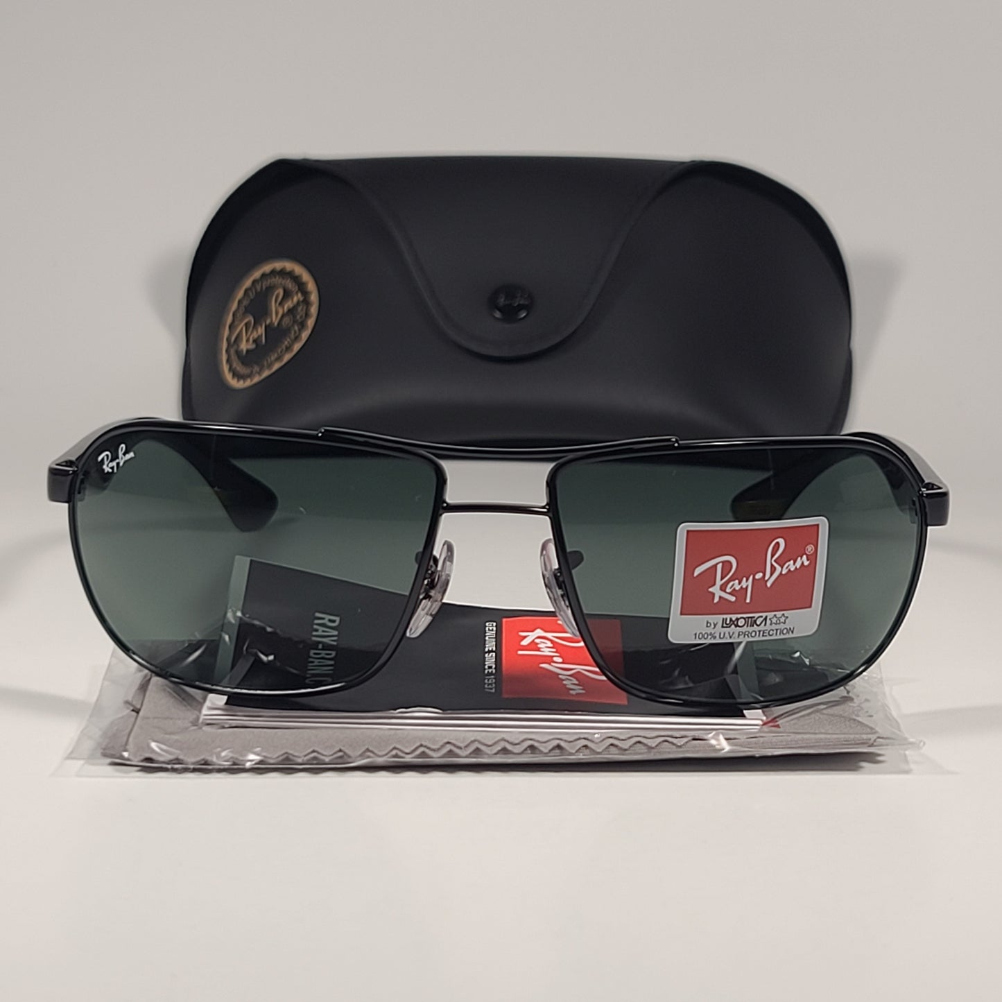 Ray-Ban RB3492 002 Rectangle Sunglasses Polished Black Frame Green Lenses 62mm - Sunglasses