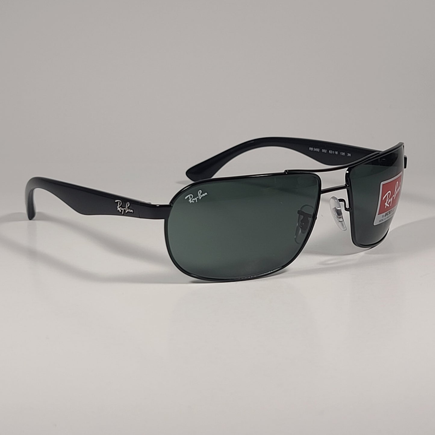 Ray-Ban RB3492 002 Rectangle Sunglasses Polished Black Frame Green Lenses 62mm - Sunglasses