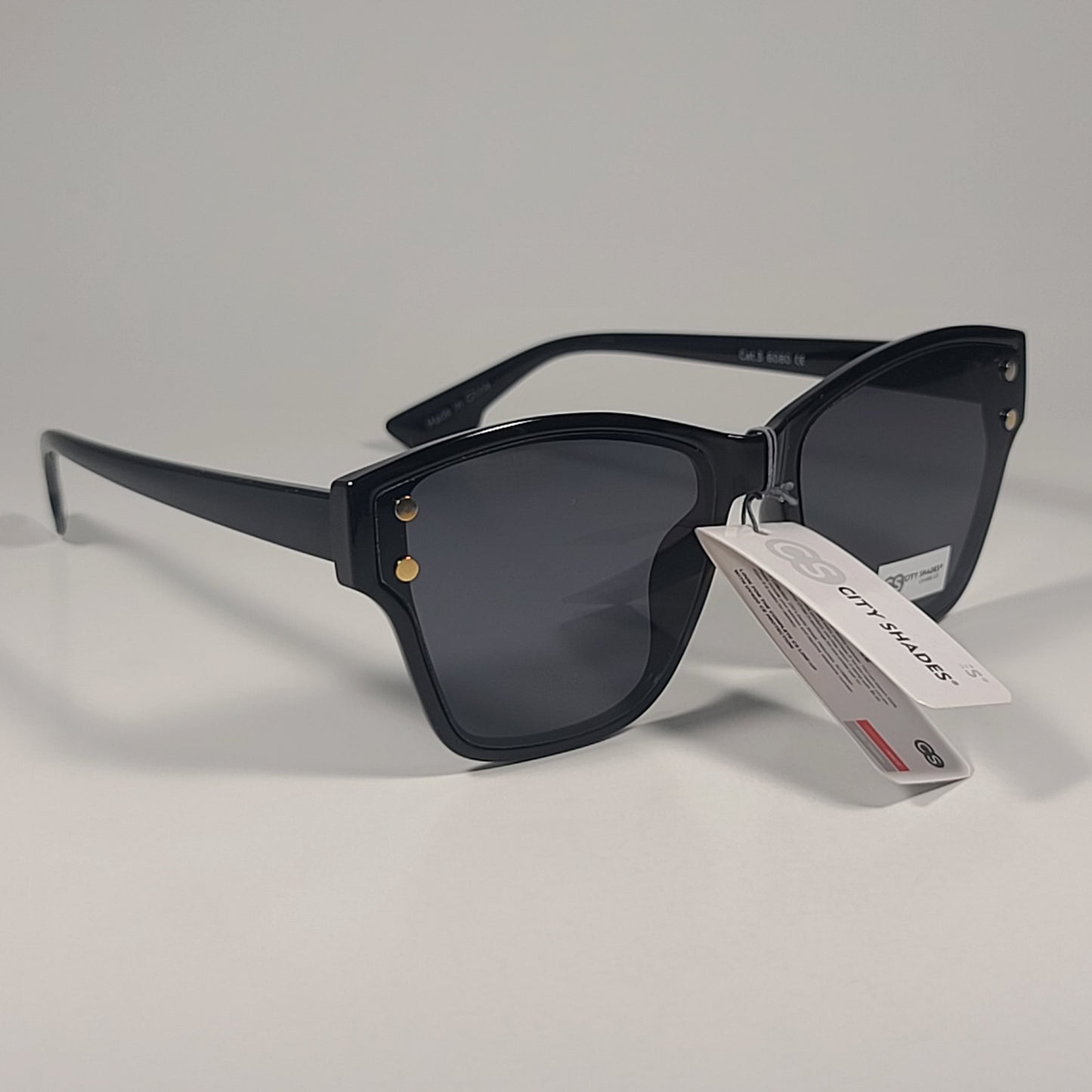 City Shades 6080 Geometric Rivet Sunglasses Shiny Black Frame Gray Tinted Lens - Sunglasses
