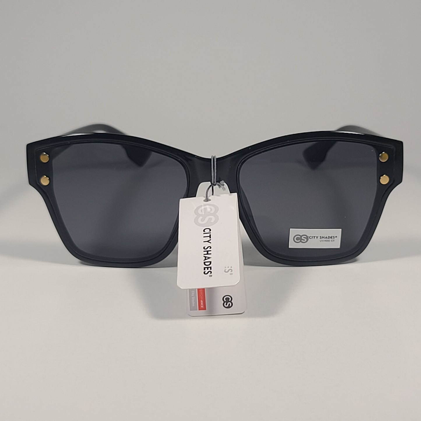 City Shades 6080 Geometric Rivet Sunglasses Shiny Black Frame Gray Tinted Lens - Sunglasses