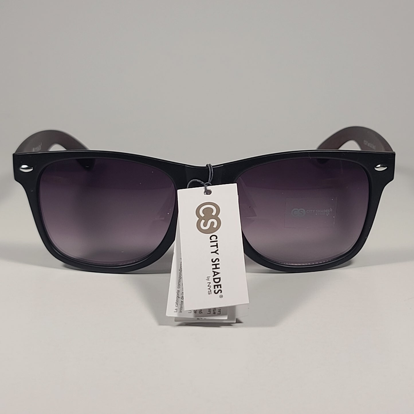 City Shades 6732-78 Square Sunglasses Matte Black & Wood Frame Smoke Gradient Lens - Sunglasses