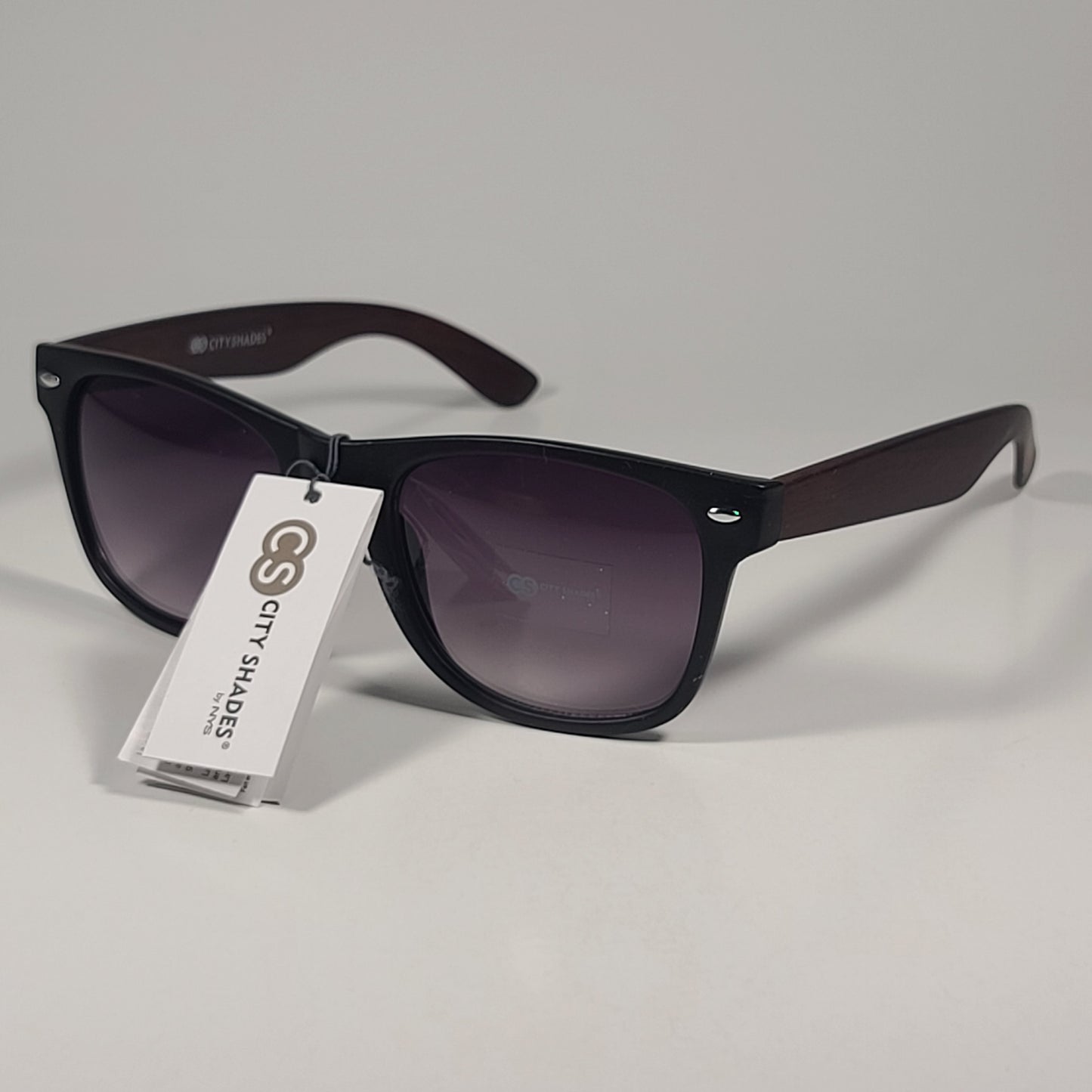 City Shades 6732-78 Square Sunglasses Matte Black & Wood Frame Smoke Gradient Lens - Sunglasses