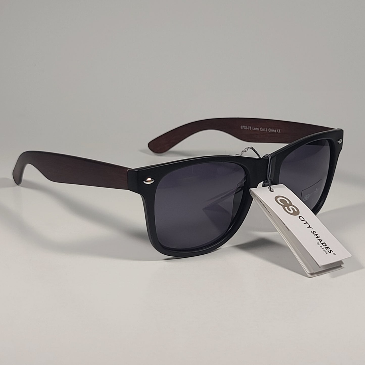 City Shades 6732-78 Square Sunglasses Matte Black Wood Frame Gray Tinted Lens - Sunglasses