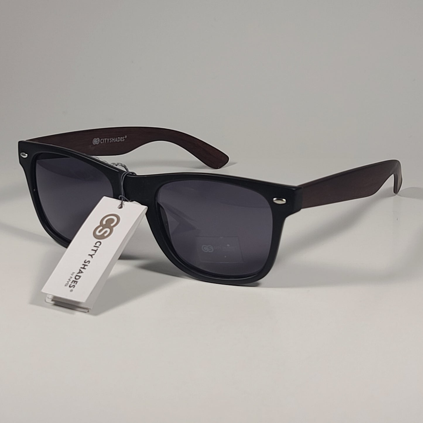 City Shades 6732-78 Square Sunglasses Matte Black Wood Frame Gray Tinted Lens - Sunglasses