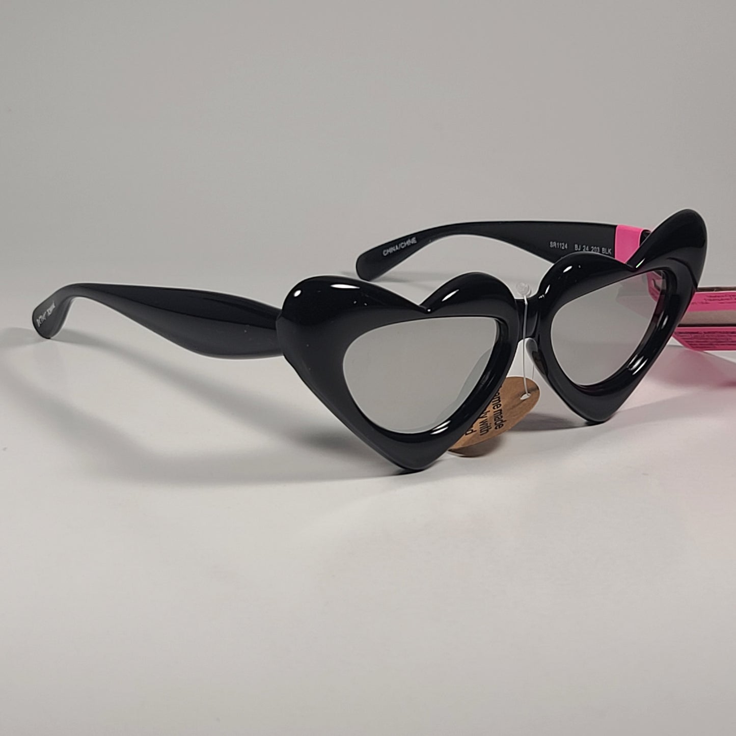 Betsey Johnson Heart Shape Sunglasses Shiny Black Silver Mirror Lens BJ 24 203 - Sunglasses