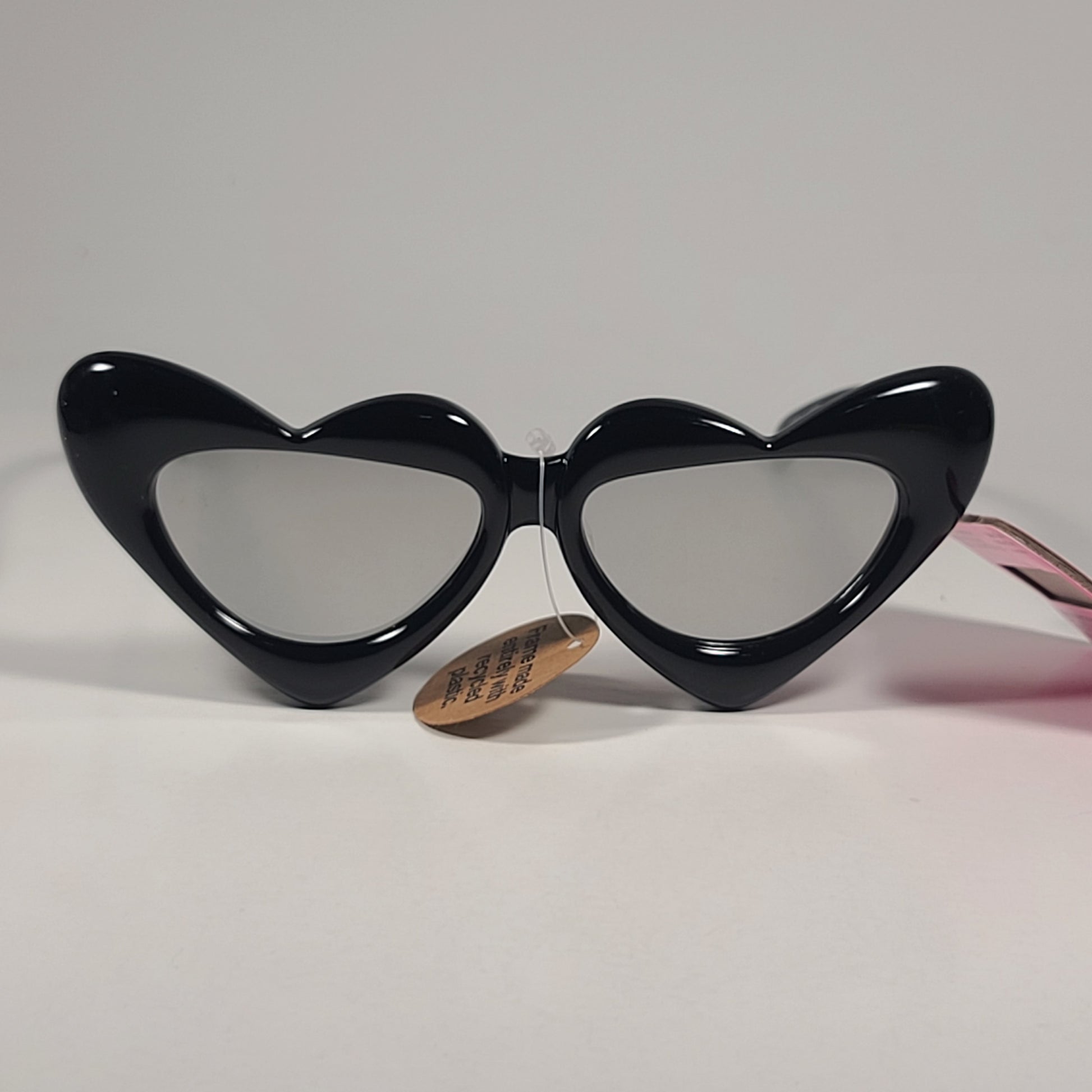 Betsey Johnson Heart Shape Sunglasses Shiny Black Silver Mirror Lens BJ 24 203 - Sunglasses