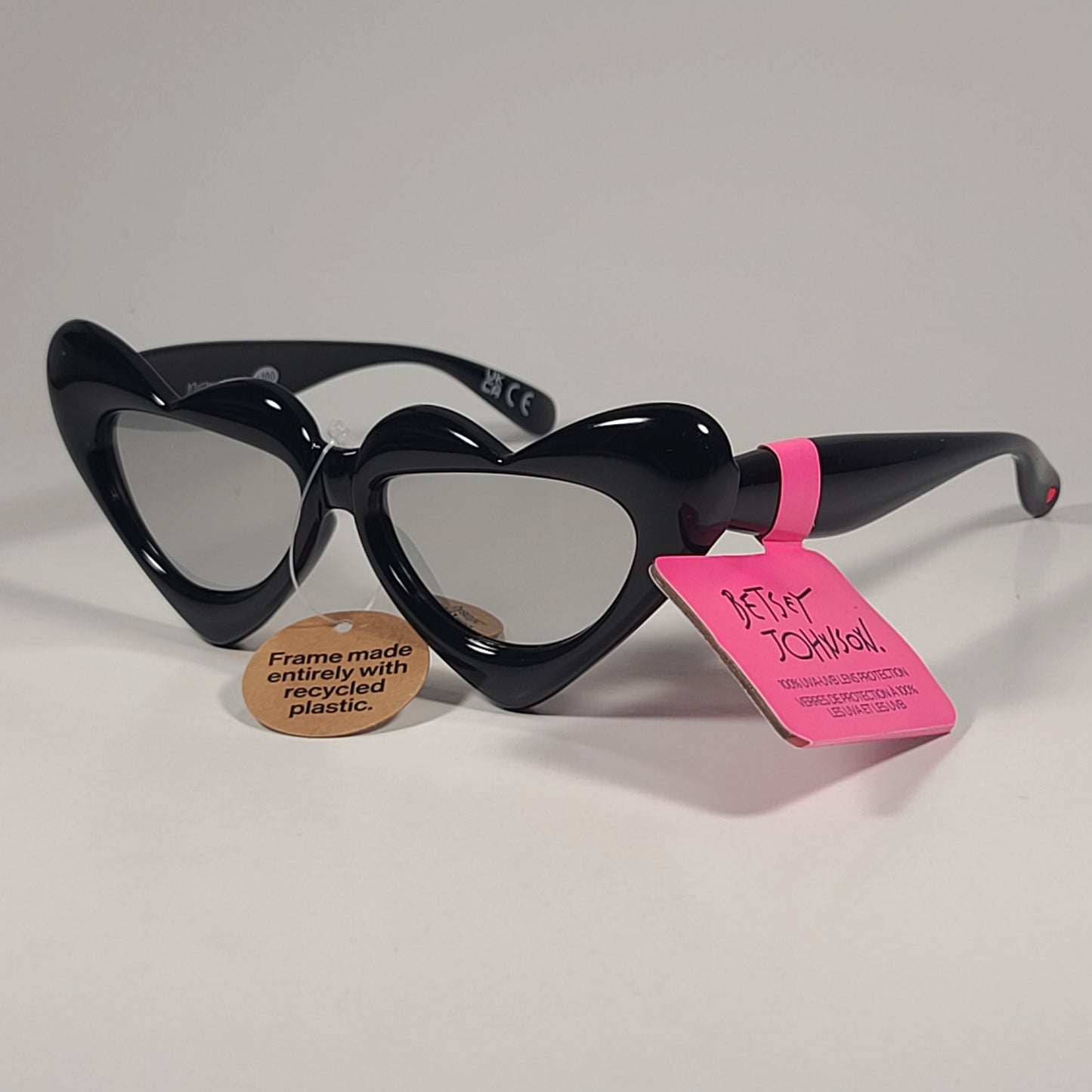 Betsey Johnson Heart Shape Sunglasses Shiny Black Silver Mirror Lens BJ 24 203 - Sunglasses