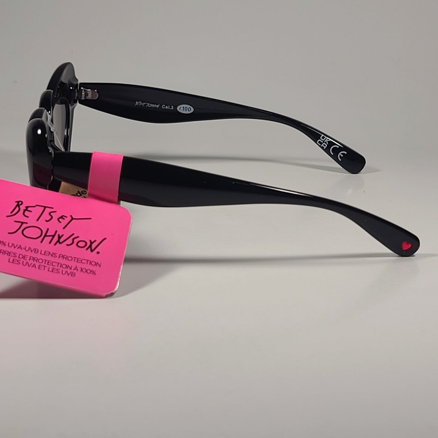 Betsey Johnson Heart Shape Sunglasses Shiny Black Silver Mirror Lens BJ 24 203 - Sunglasses