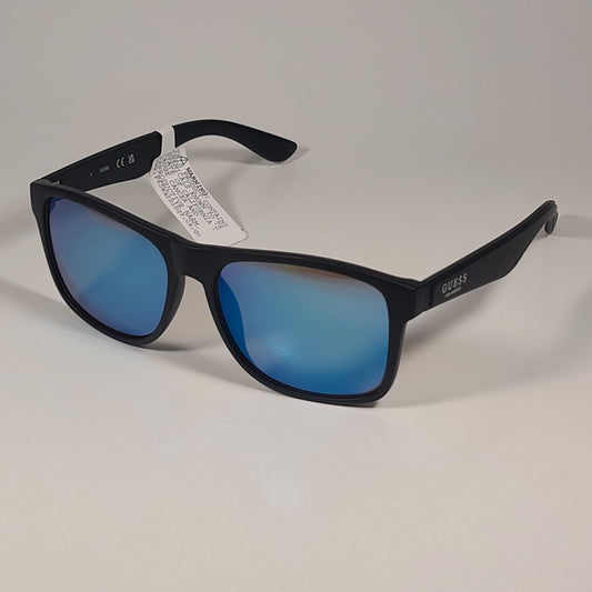 Guess GF0203 02X Square Sunglasses Matte Black Frame Blue Mirror Lens 57mm - Sunglasses