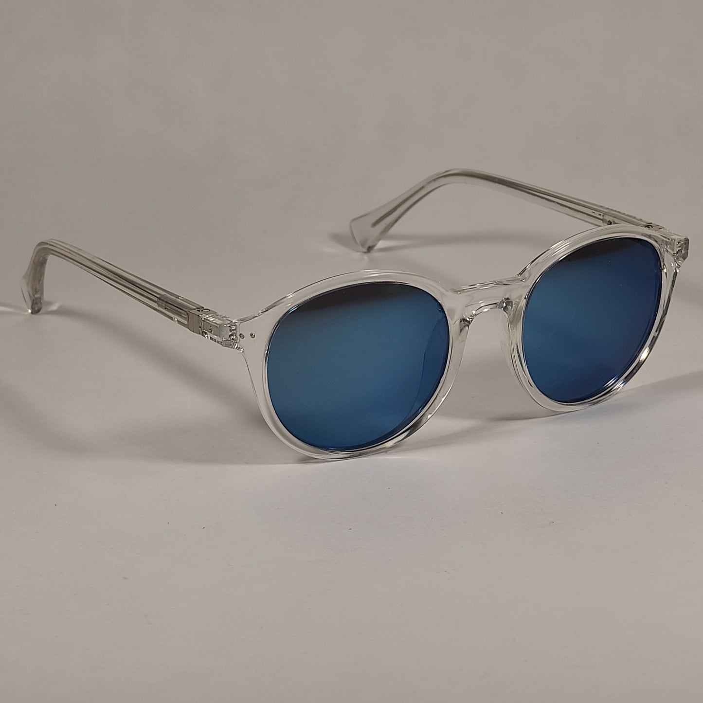 Cole Haan Round Polarized Sunglasses Crystal Clear Frame Blue Flash Mirror Lens CH9003 971 CRYSTAL/BLUE FLASH - Sunglasses