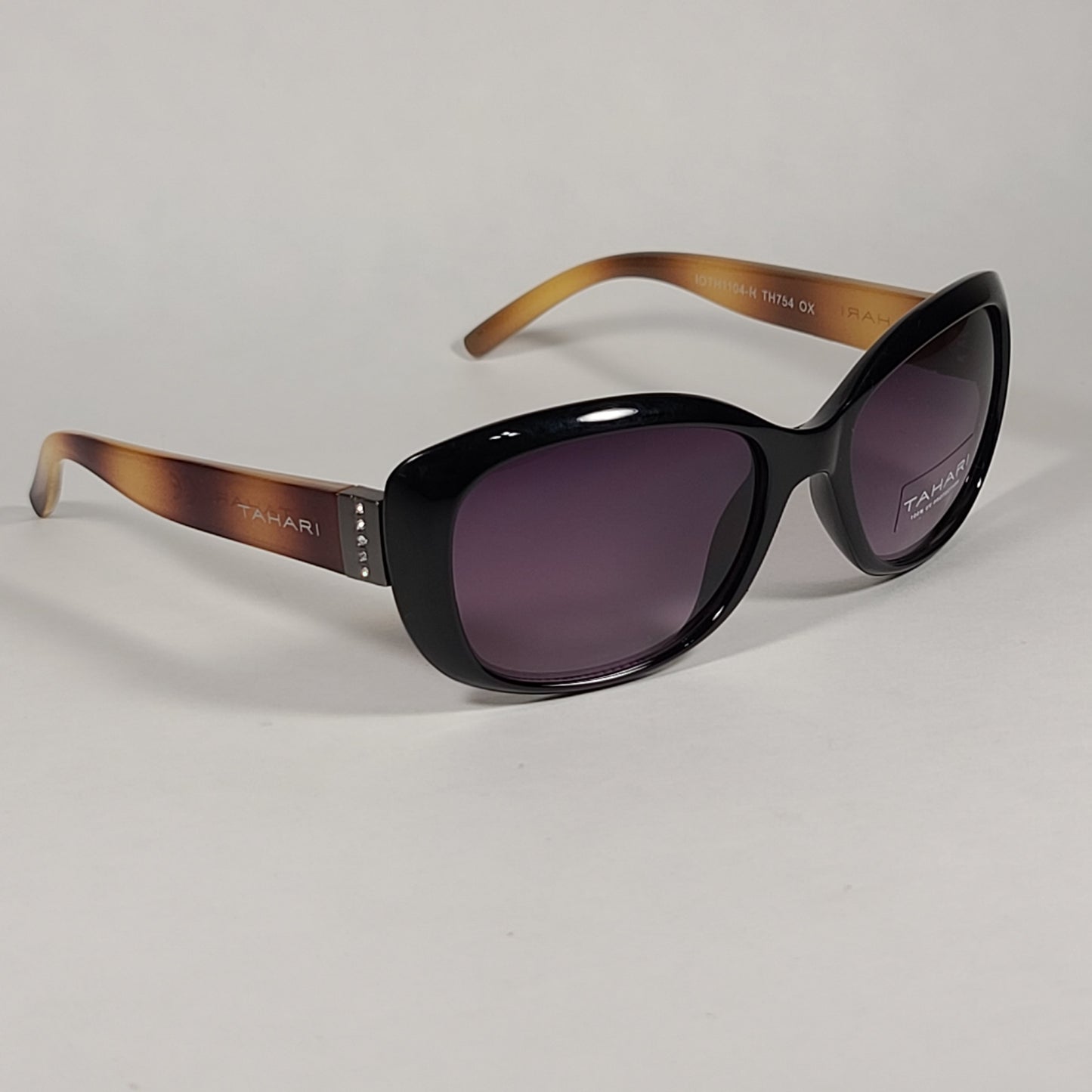 Tahari Oval Sunglasses Black And Light Havana Frame Rhinestone Temples Smoke Lens TH754 OX - Sunglasses
