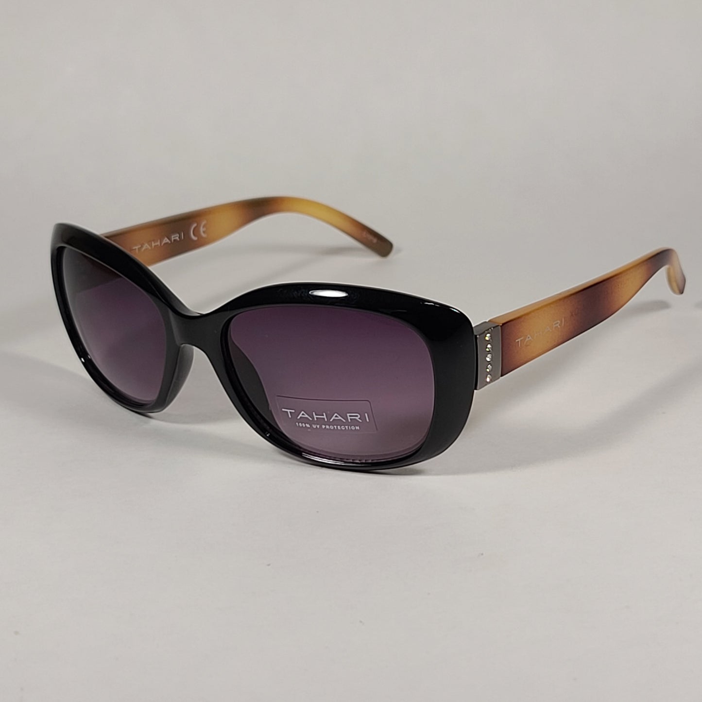 Tahari Oval Sunglasses Black And Light Havana Frame Rhinestone Temples Smoke Lens TH754 OX - Sunglasses