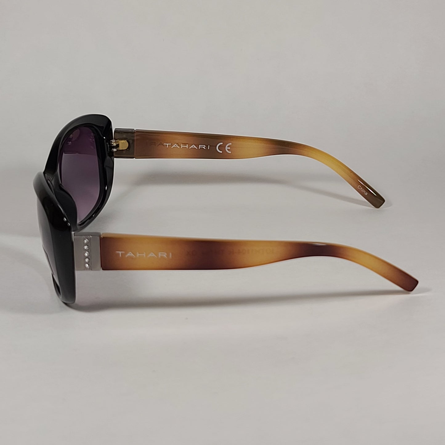 Tahari Oval Sunglasses Black And Light Havana Frame Rhinestone Temples Smoke Lens TH754 OX - Sunglasses