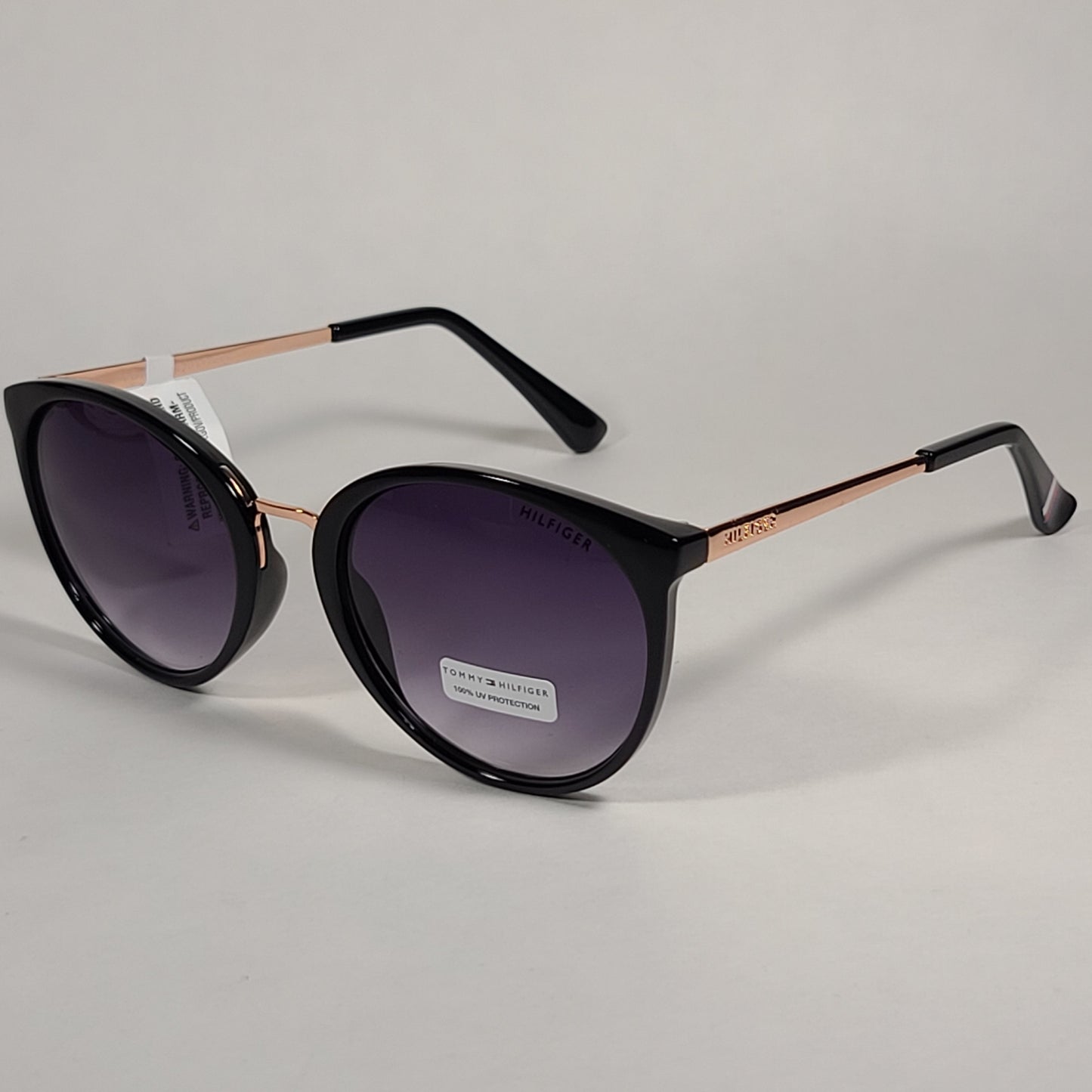 Tommy Hilfiger Tru Round Cateye Sunglasses Black Rose Gold Smoke Gradient Lens - Sunglasses