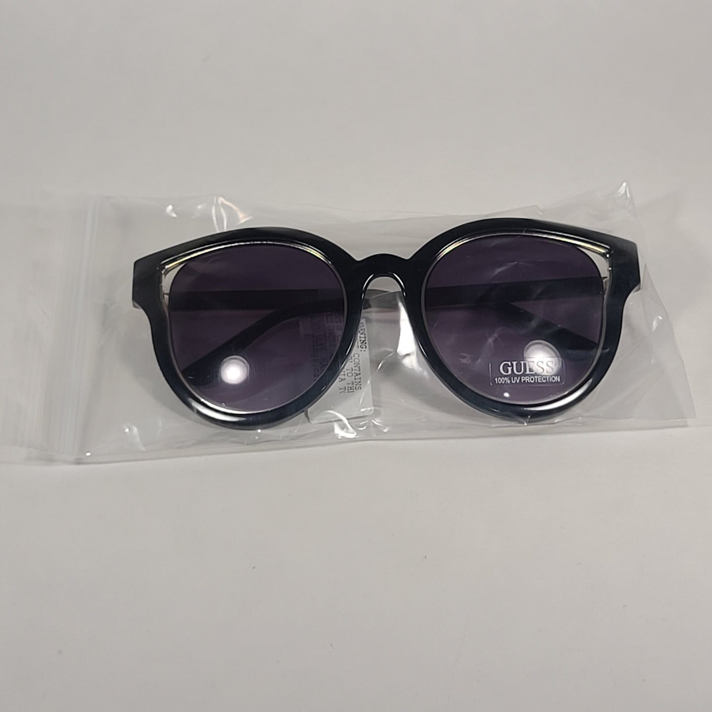 Guess Round Cat Eye Sunglasses Shiny Black And Gold Frame Smoke Gradient Lens GF0323 01B - Sunglasses