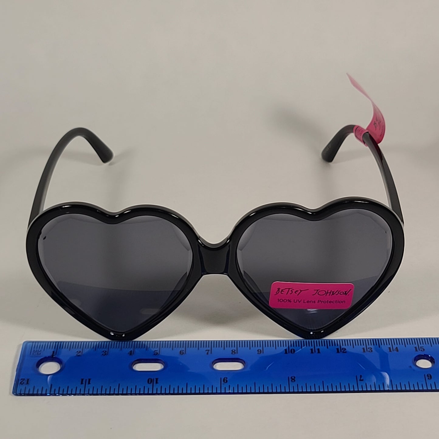 Betsey Johnson Heart Shape Sunglasses Shiny Black Frame Gray Tinted Lens - Sunglasses