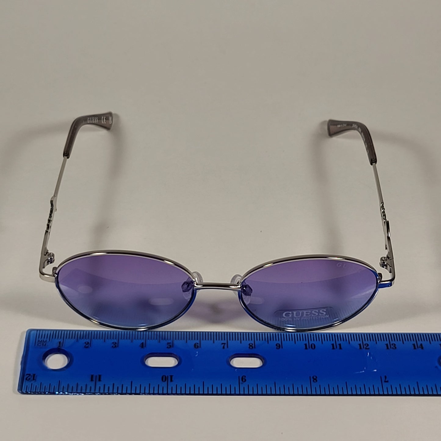 Guess Small Oval Sunglasses Silver Frame Violet Blue Gradient Lens GF4014 10W - Sunglasses
