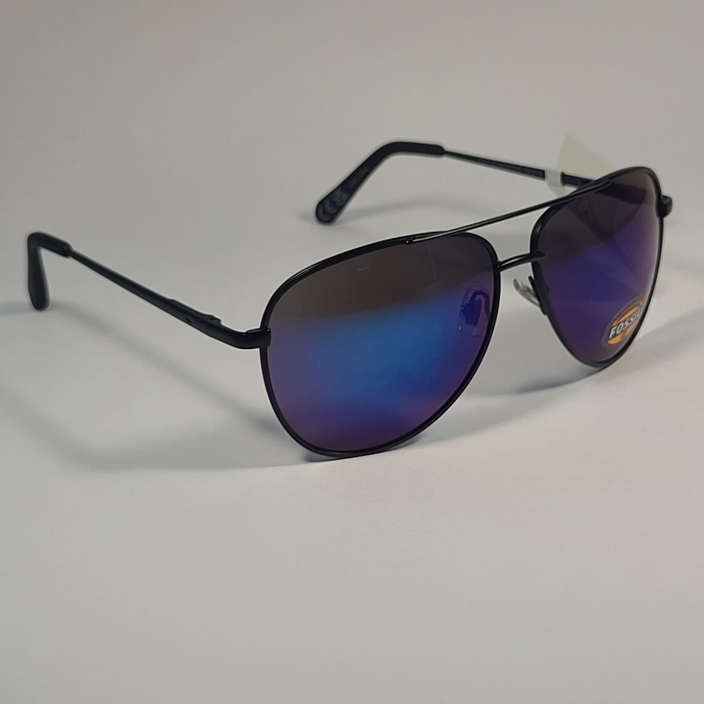 Fossil FM17 Men’s Aviator Sunglasses Matte Black Frame Blue Violet Mirror Lens 59mm - Sunglasses