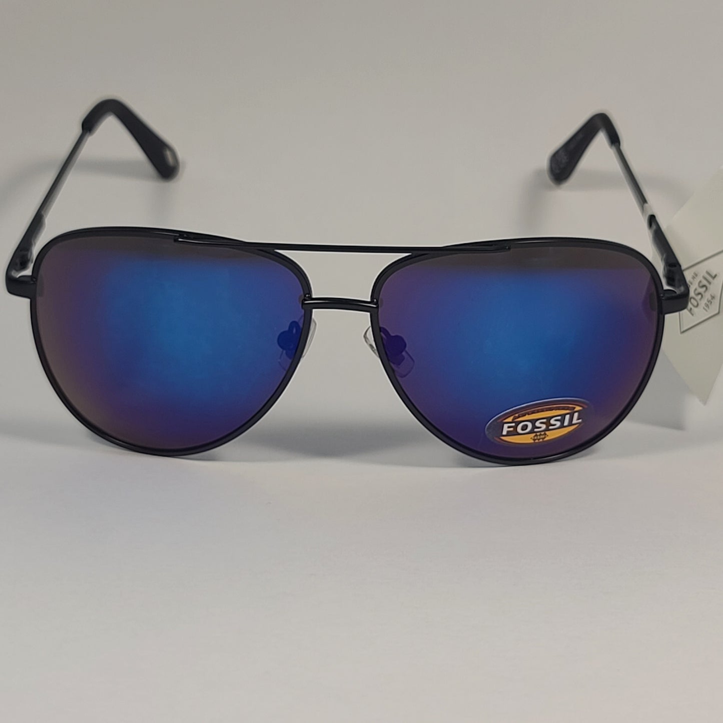 Fossil FM17 Men’s Aviator Sunglasses Matte Black Frame Blue Violet Mirror Lens 59mm - Sunglasses