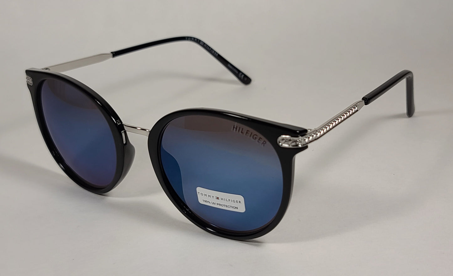 Tommy Hilfiger Mystique Sunglasses Shiny Black And Silver Frame Blue Mirror Lens MYSTIQUE WP OL510 - Sunglasses