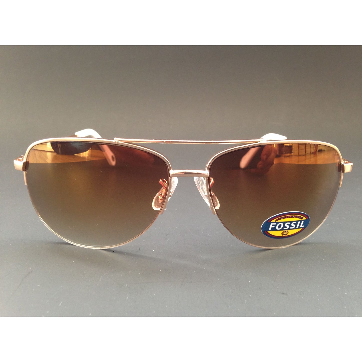 Fossil Aviator Sunglasses Semi Rim Gold Frame Yellow Brown Gradient Mirror Lens FW5 - Sunglasses