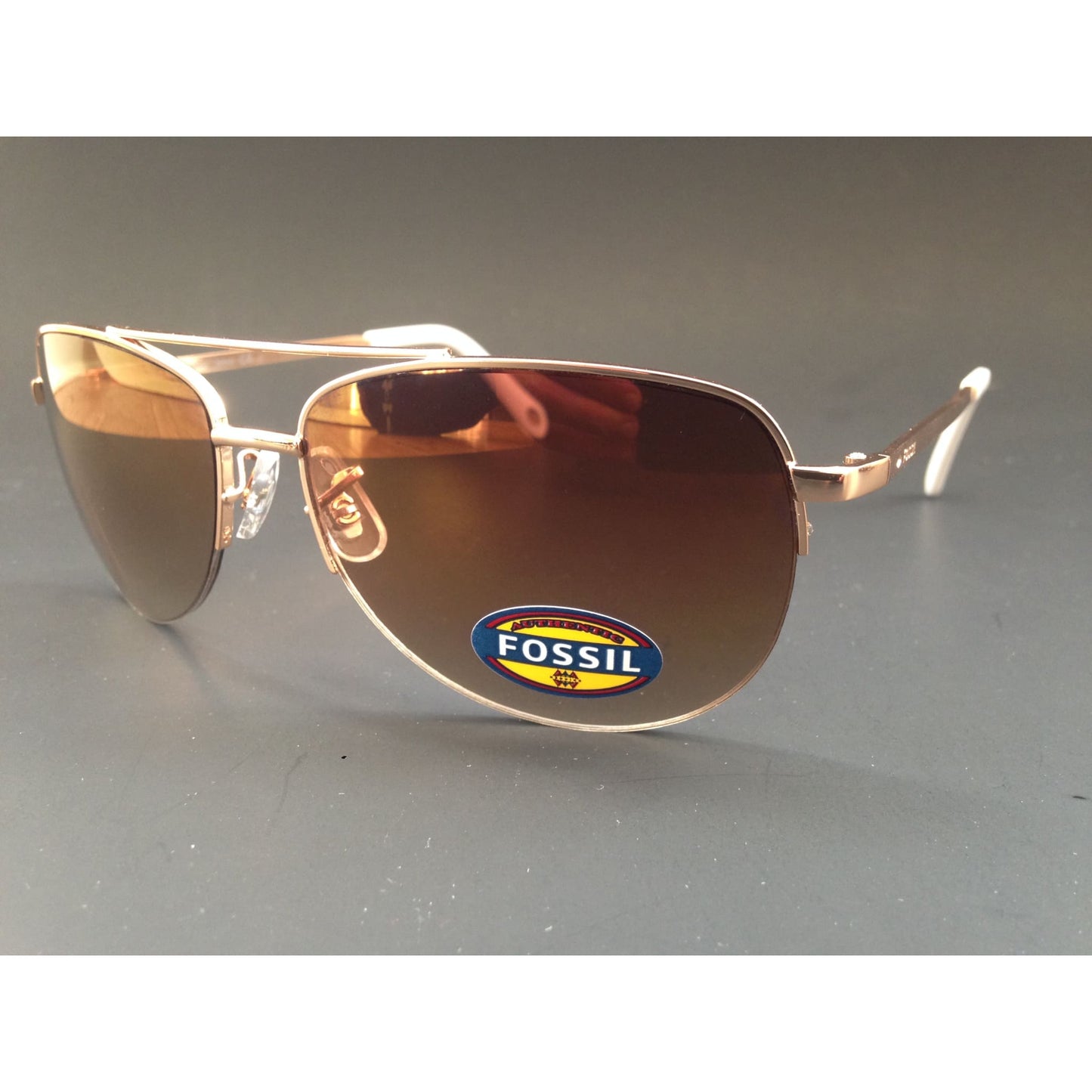 Fossil Aviator Sunglasses Semi Rim Gold Frame Yellow Brown Gradient Mirror Lens FW5 - Sunglasses