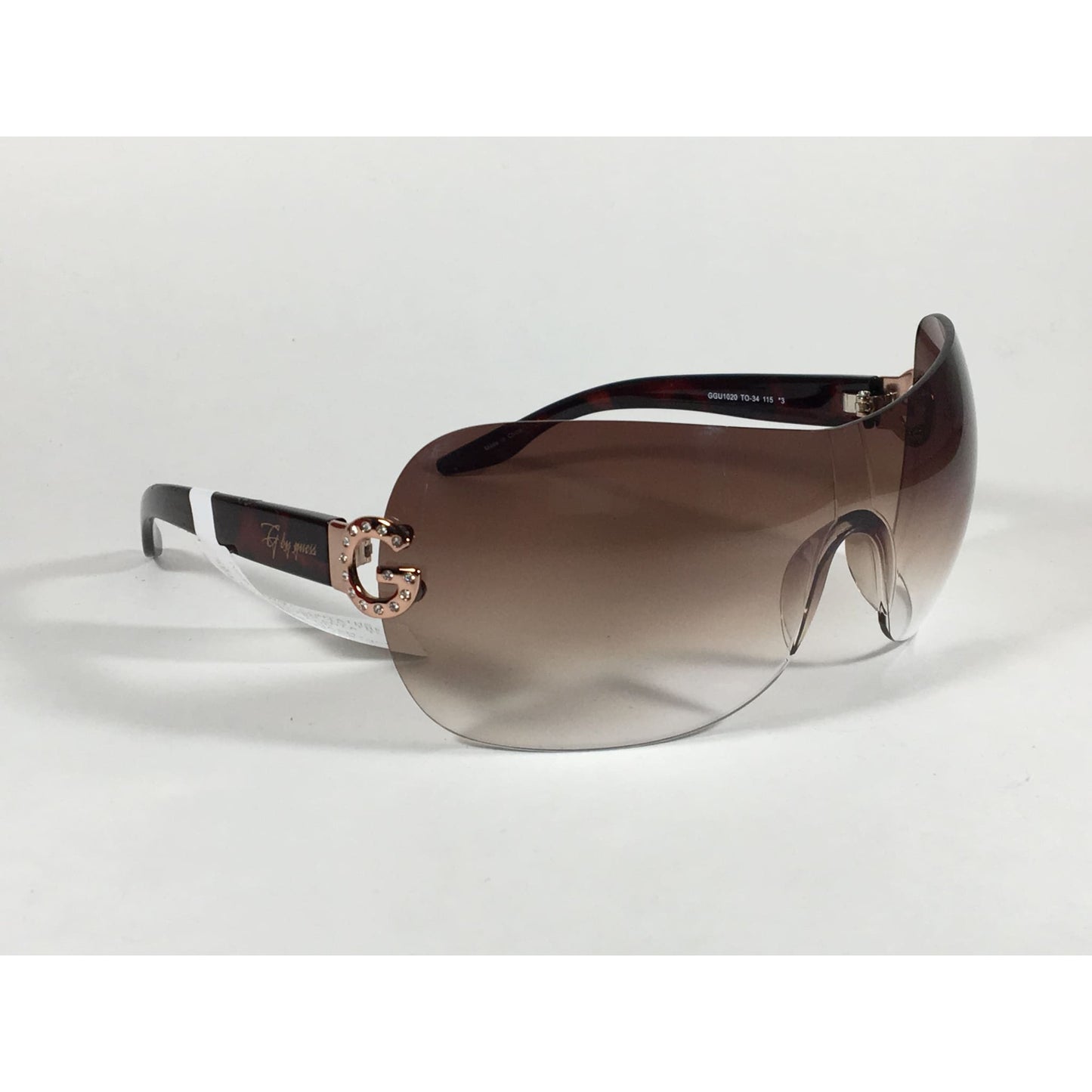 G By Guess Shield Sunglasses Brown Tortoise Gradient Lens Rhinestone Temples Ggu1020 To-34 - Sunglasses
