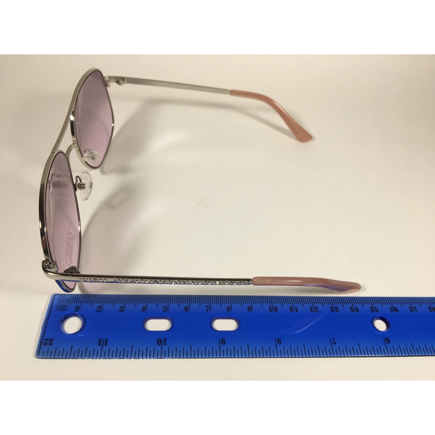 Guess Aviator Sunglasses Shiny Nickel Frame with Rhinestones Light Pink Lens GF6081 10Z - Sunglasses