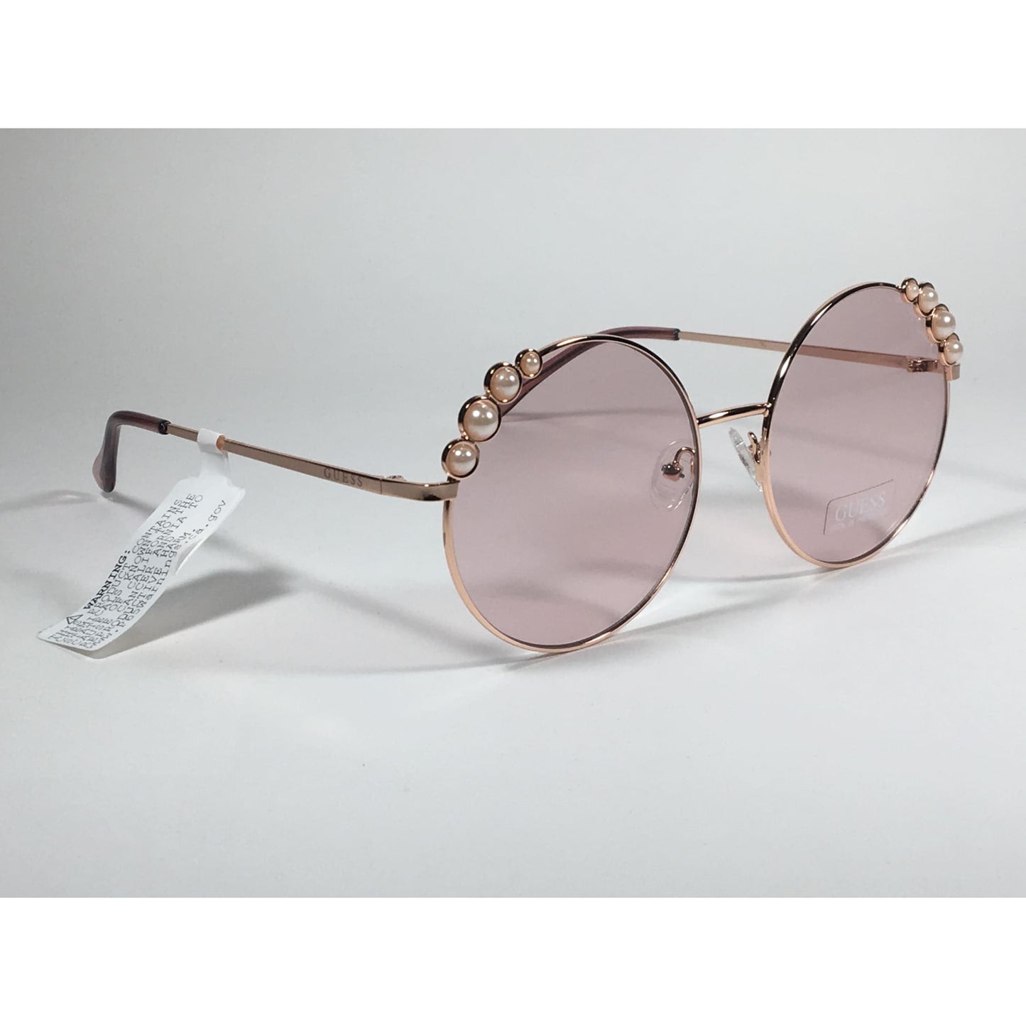 Guess Round Pearl Sunglasses Rose Gold Metal Frame Pink Lens GF0355 28T - Sunglasses