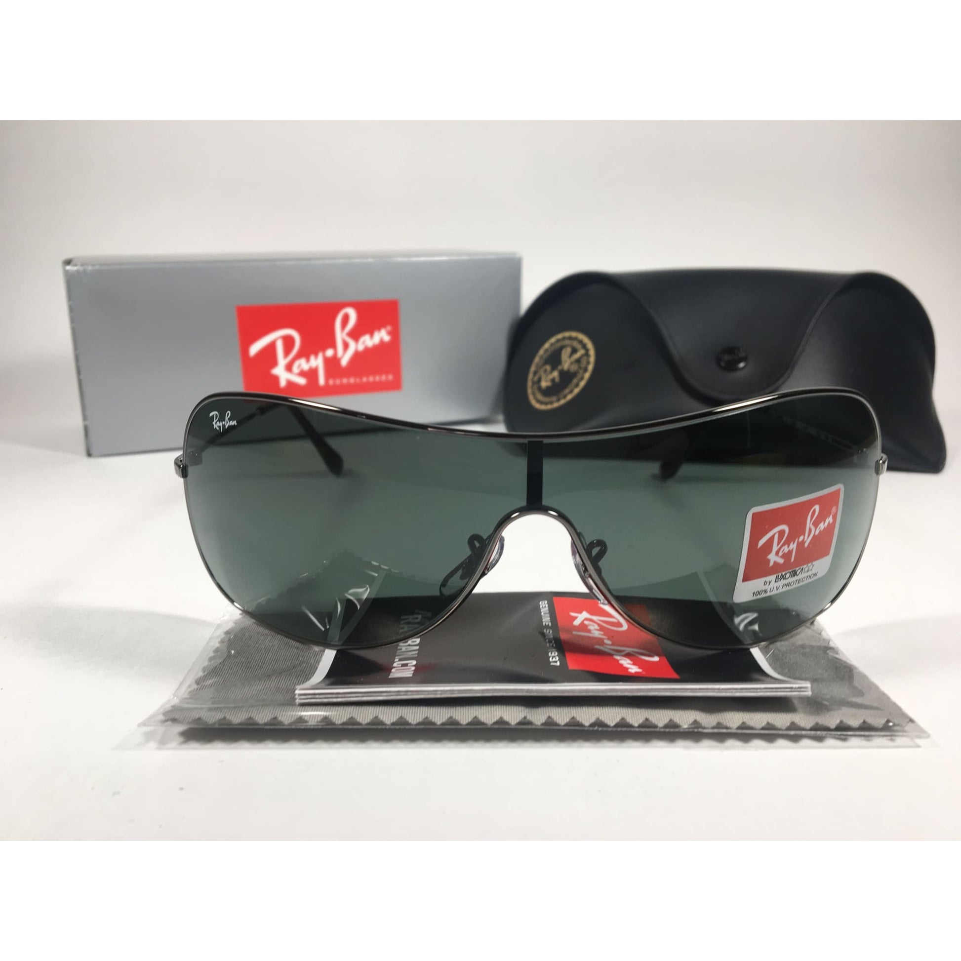 Ray-Ban Highstreet Shield Sunglasses Gunmetal Frame Green Lens RB3211 004/71 - Sunglasses