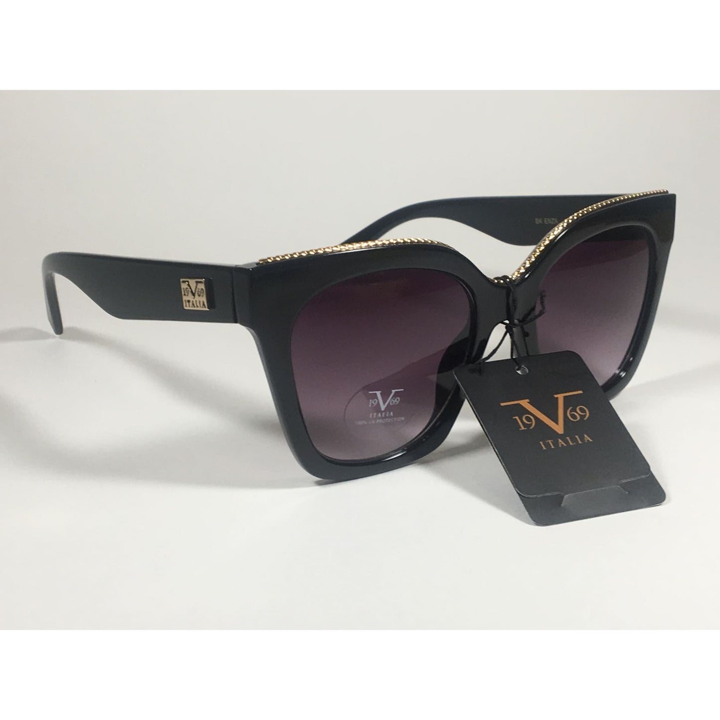 Versace 19V69 Italia BK ENZA Square Sunglasses Black Gold Trim Gray Smoke Lens - Sunglasses