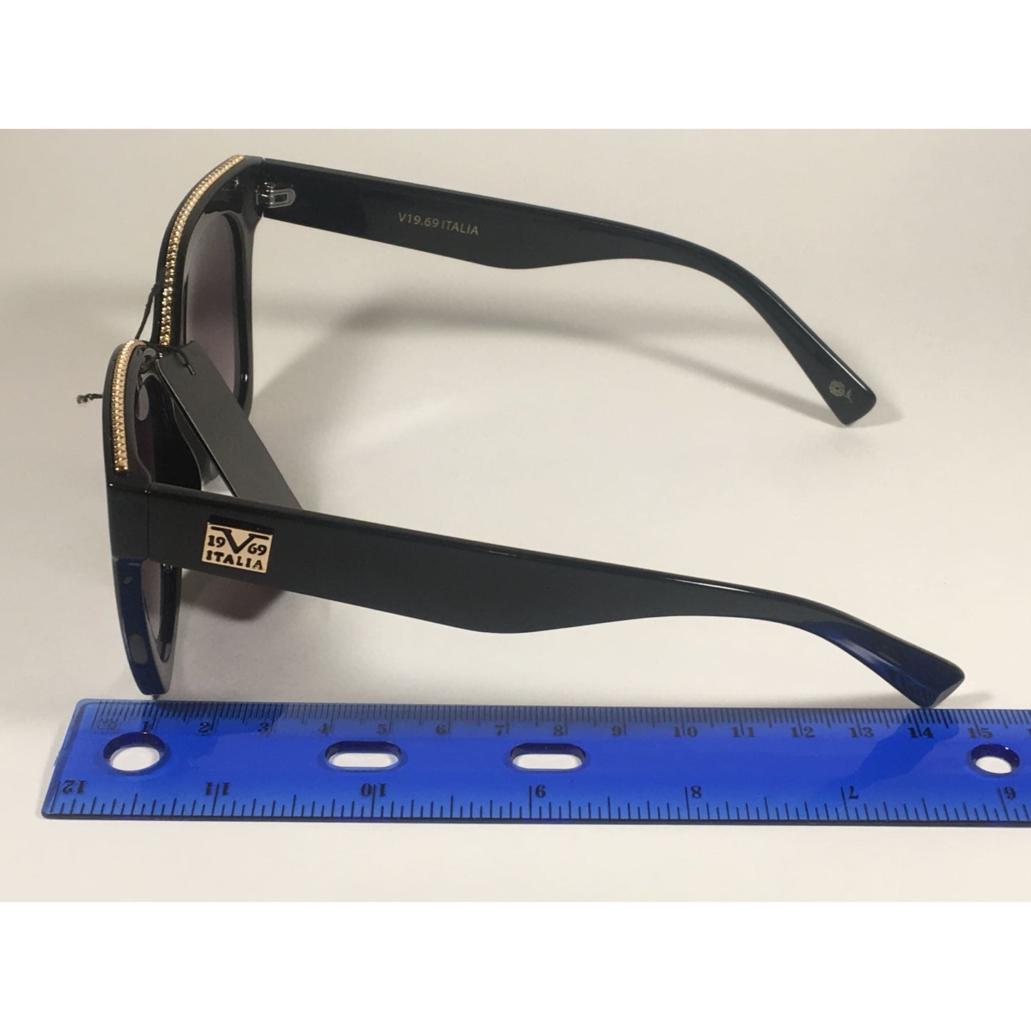 Versace 19V69 Italia BK ENZA Square Sunglasses Black Gold Trim Gray Smoke Lens - Sunglasses