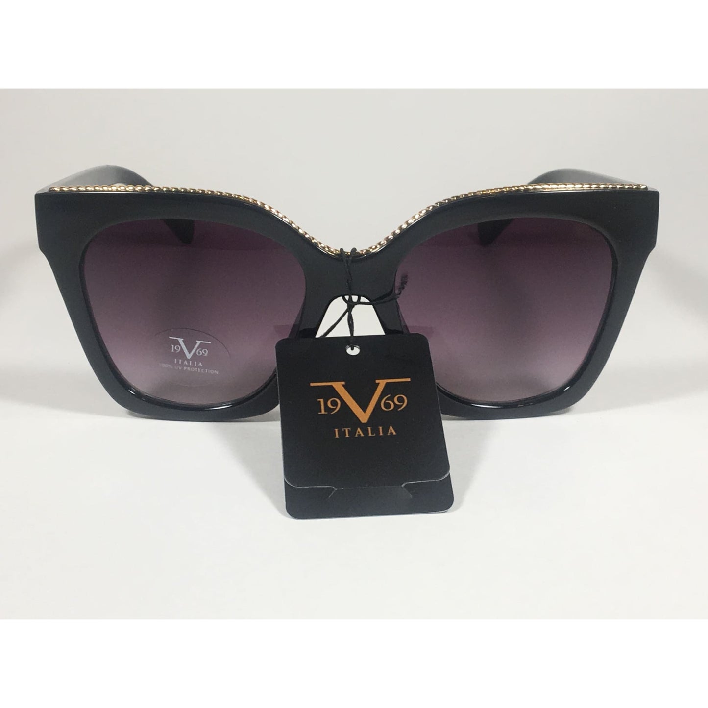 Versace 19V69 Italia BK ENZA Square Sunglasses Black Gold Trim Gray Smoke Lens - Sunglasses
