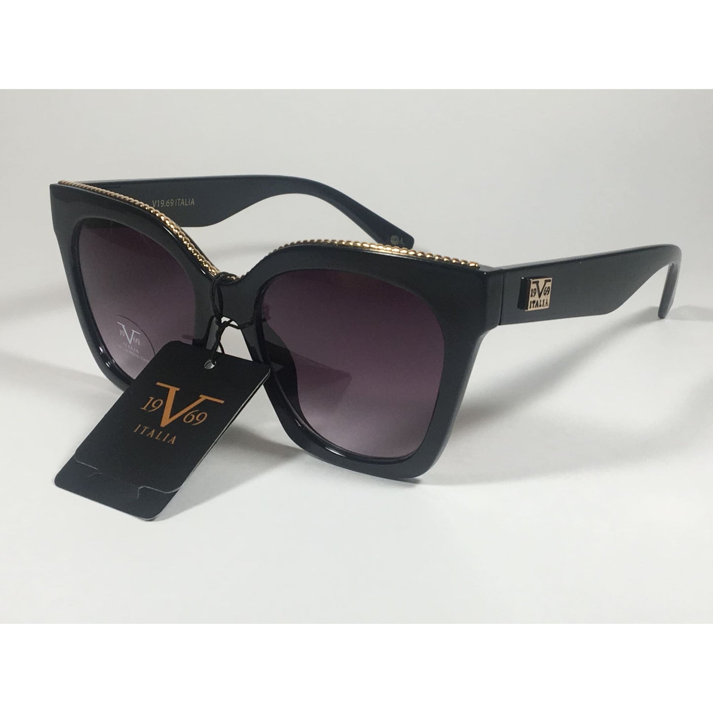 Versace 19V69 Italia BK ENZA Square Sunglasses Black Gold Trim Gray Smoke Lens - Sunglasses