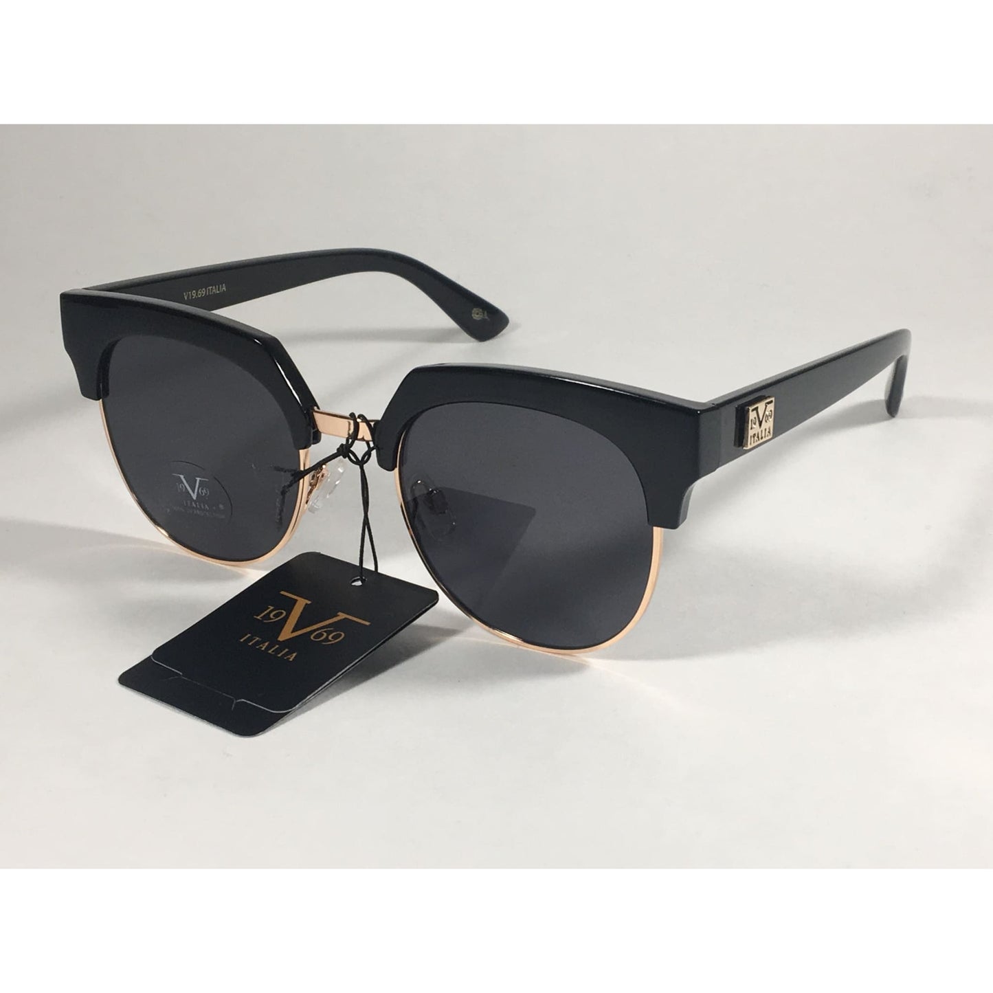 Versace 19V69 Italia Valentina Club Sunglasses Black Gold Horn Rim With Gray Lens - Sunglasses