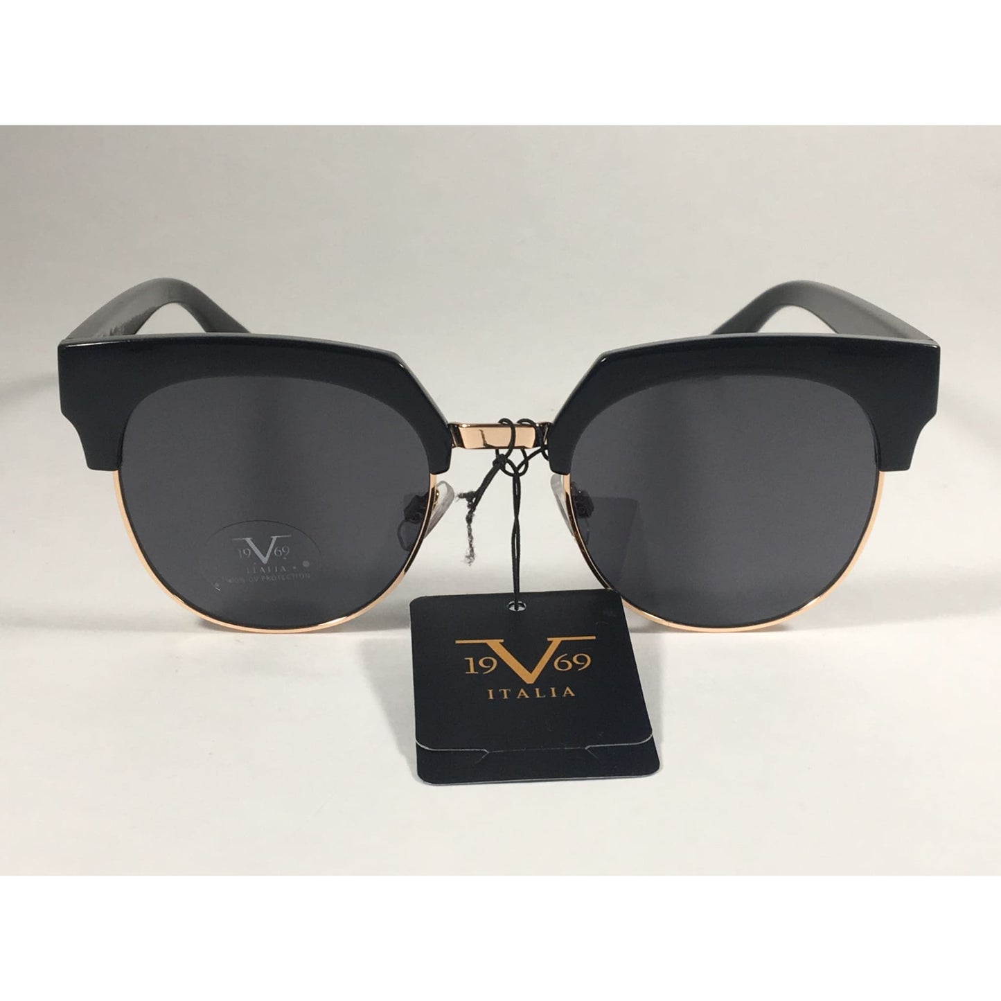 Versace 19V69 Italia Valentina Club Sunglasses Black Gold Horn Rim With Gray Lens - Sunglasses