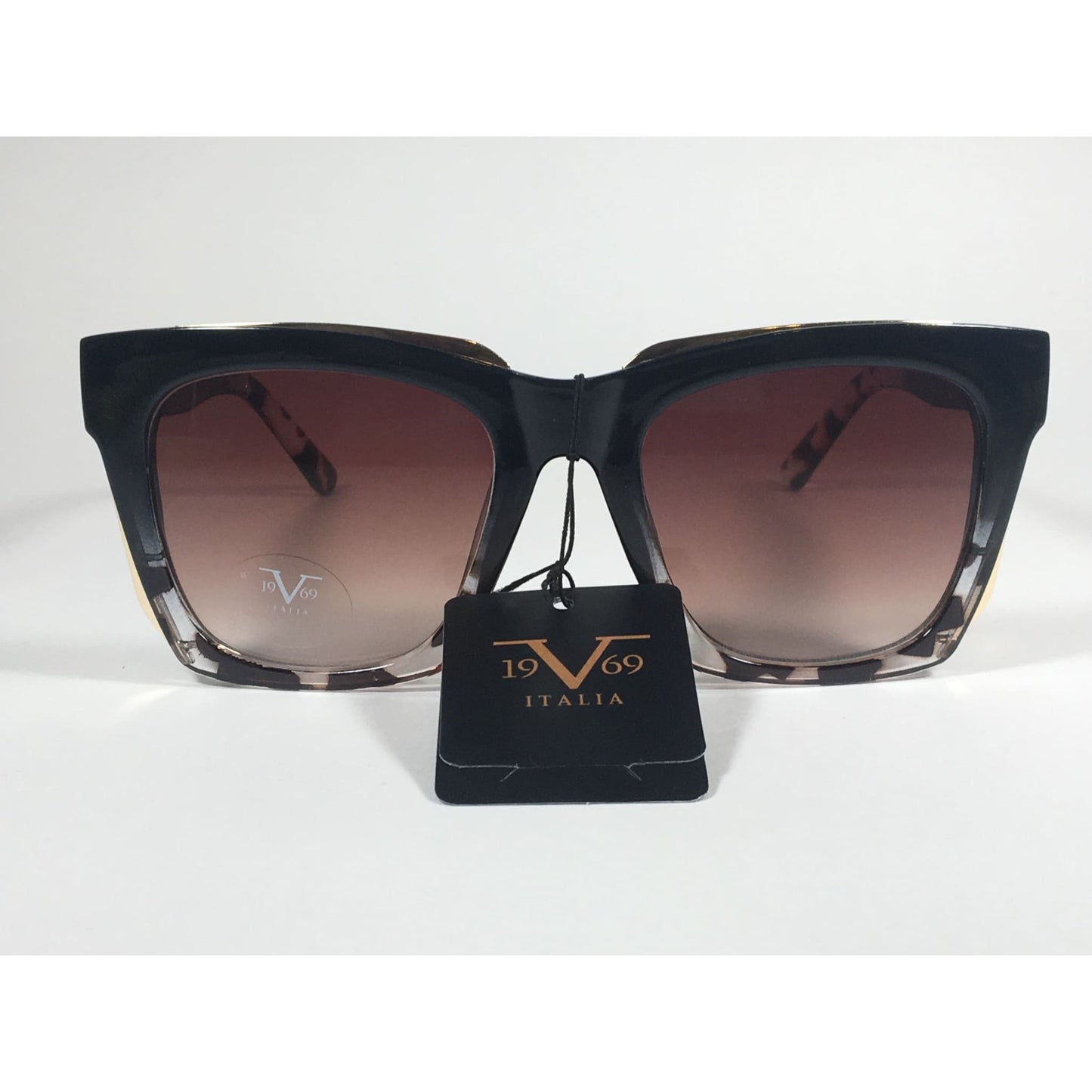 Versace 19V69 Italia Vittoria Large Square Sunglasses Black Tortoise Brown Gradient Lens - Sunglasses