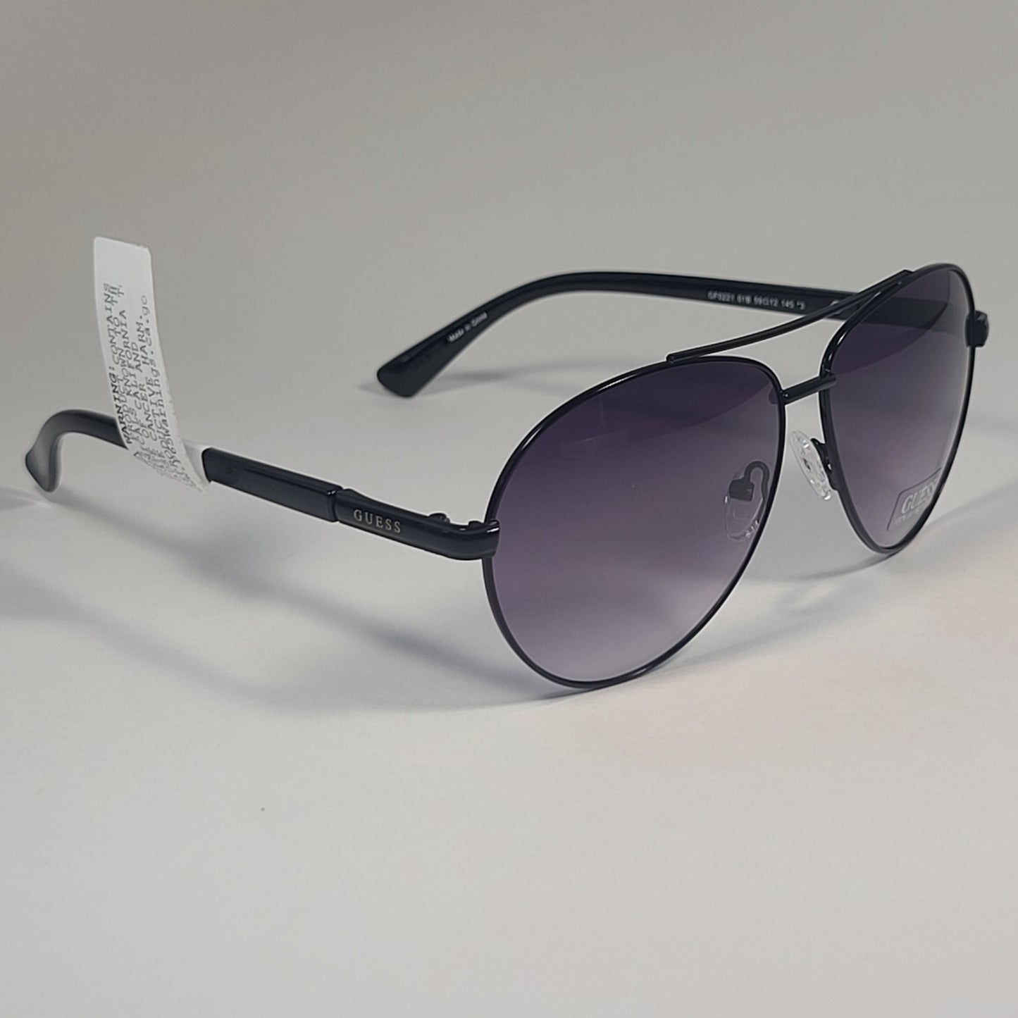 Guess Pilot Sunglasses Shiny Black Frame Gray Smoke Gradient Lens GF0221 01B - Sunglasses