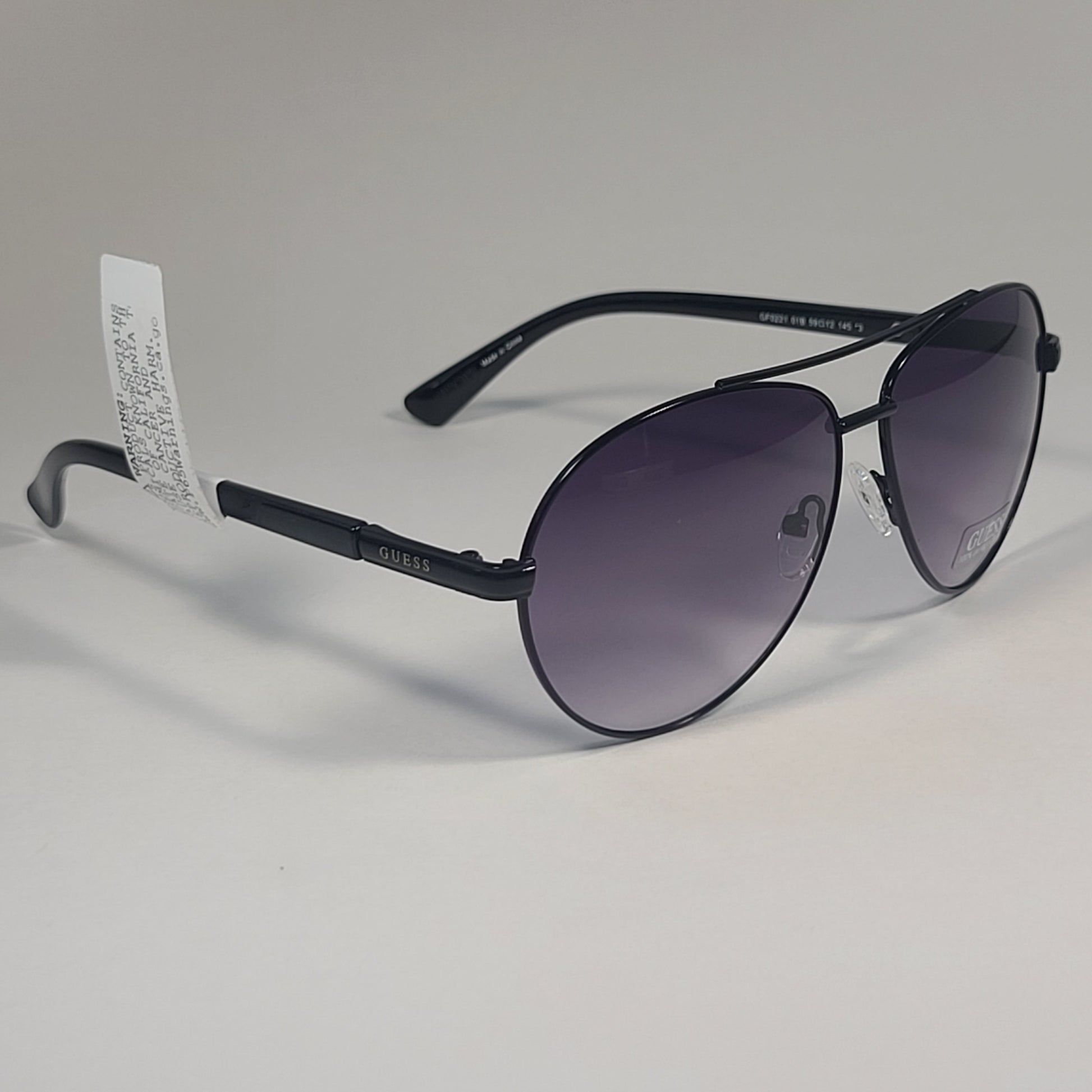Guess Pilot Sunglasses Shiny Black Frame Gray Smoke Gradient Lens GF0221 01B - Sunglasses