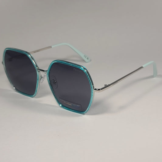 Polaroid Polarized Hexagon Sunglasses Aqua Blue Silver Frame Gray Lens POL 04 - Sunglasses