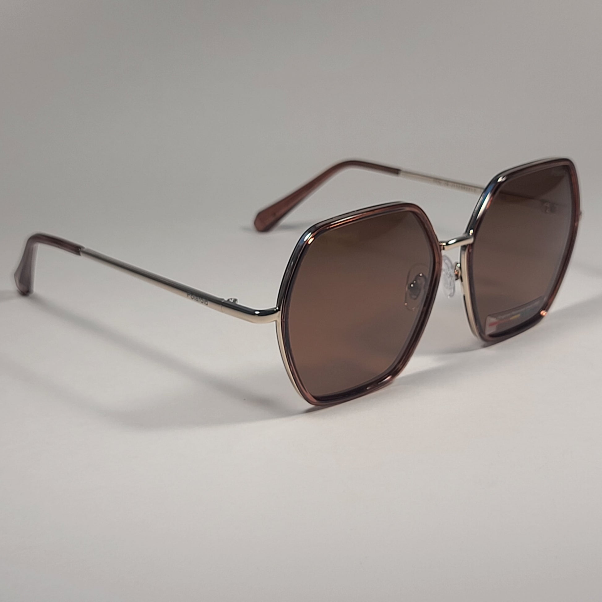 Polaroid Polarized Hexagon Sunglasses Brown Light Gold Frame Brown Lens POL 04 - Sunglasses
