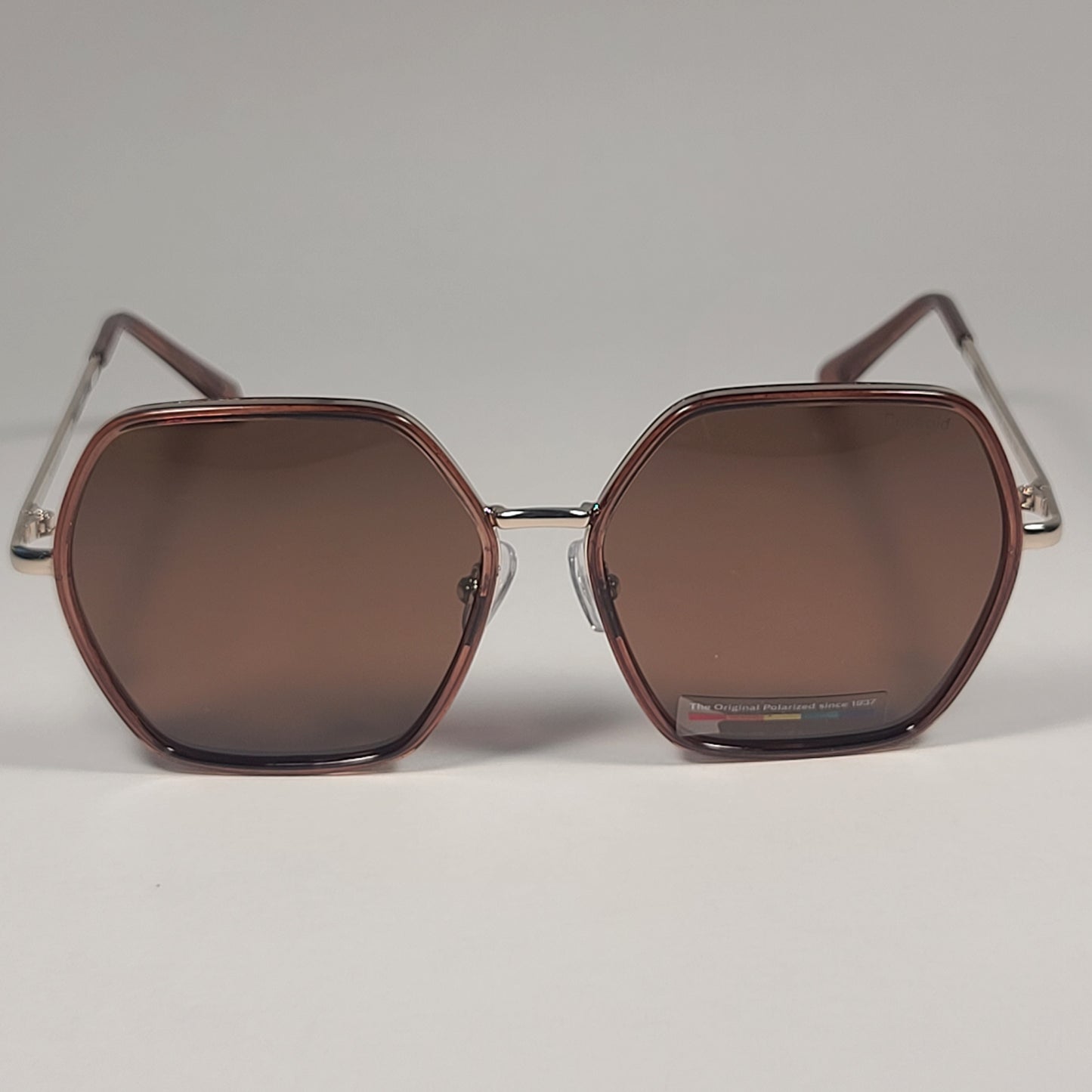 Polaroid Polarized Hexagon Sunglasses Brown Light Gold Frame Brown Lens POL 04 - Sunglasses