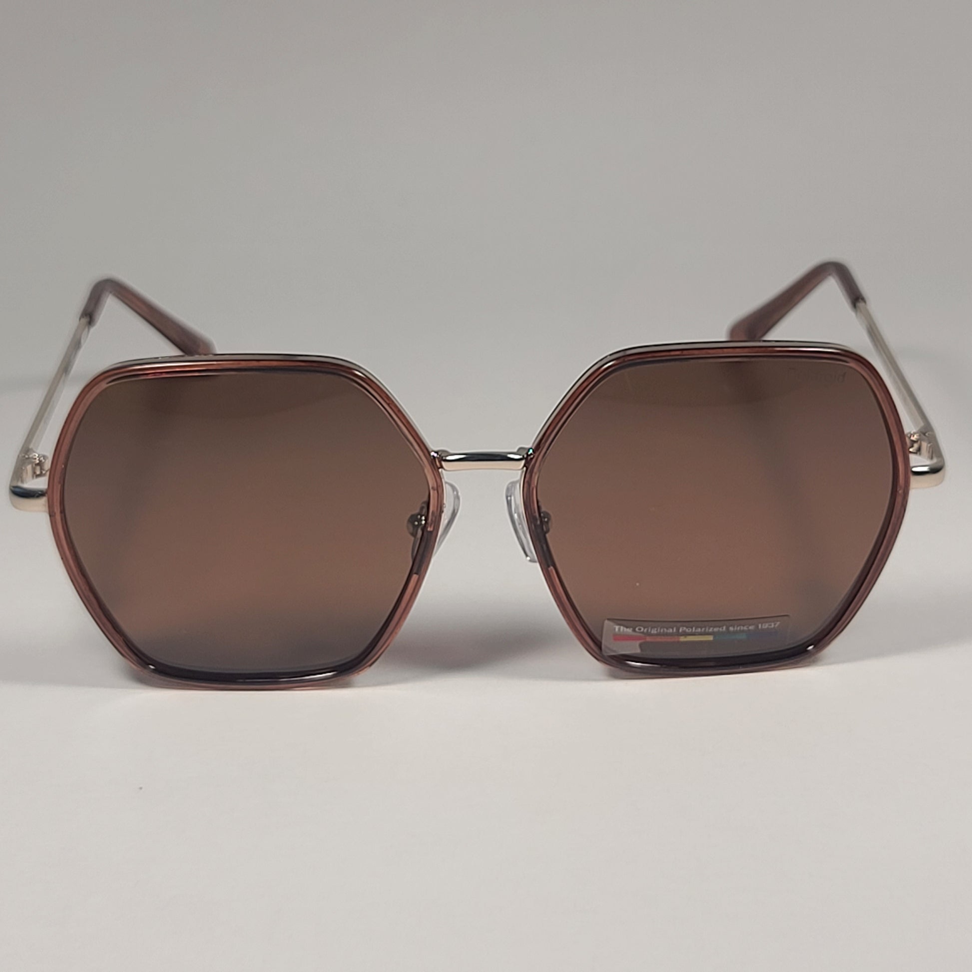 Polaroid Polarized Hexagon Sunglasses Brown Light Gold Frame Brown Lens POL 04 - Sunglasses