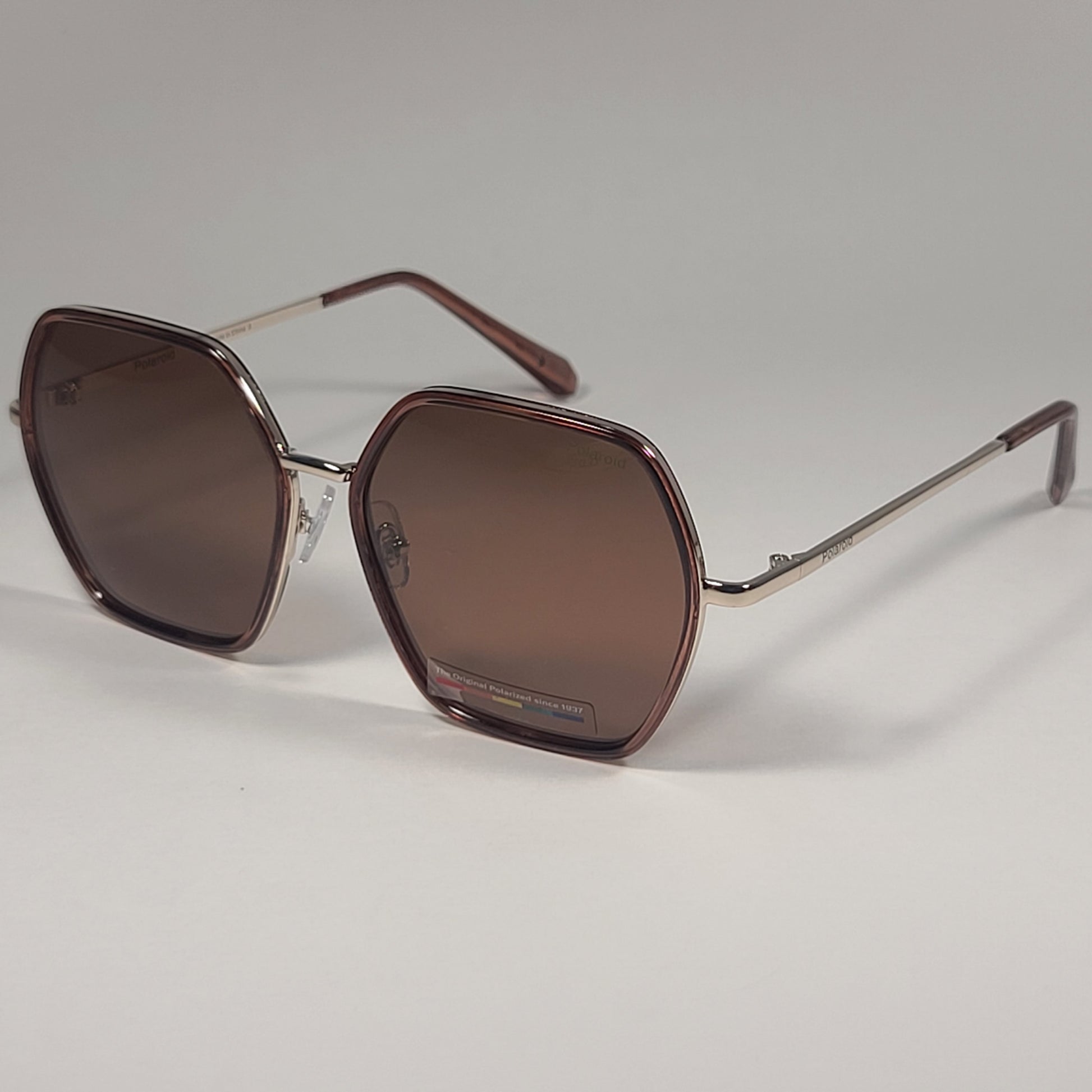 Polaroid Polarized Hexagon Sunglasses Brown Light Gold Frame Brown Lens POL 04 - Sunglasses