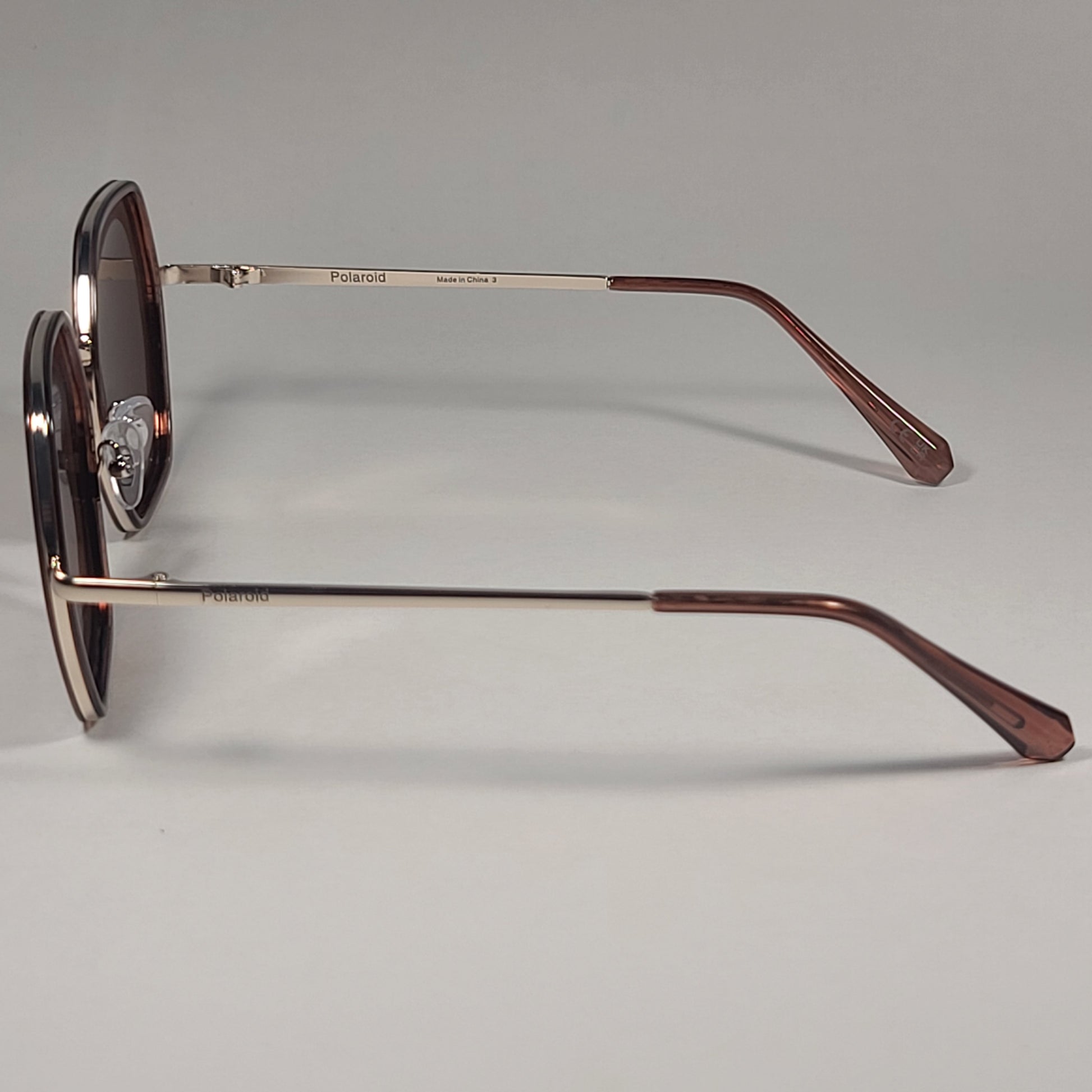 Polaroid Polarized Hexagon Sunglasses Brown Light Gold Frame Brown Lens POL 04 - Sunglasses