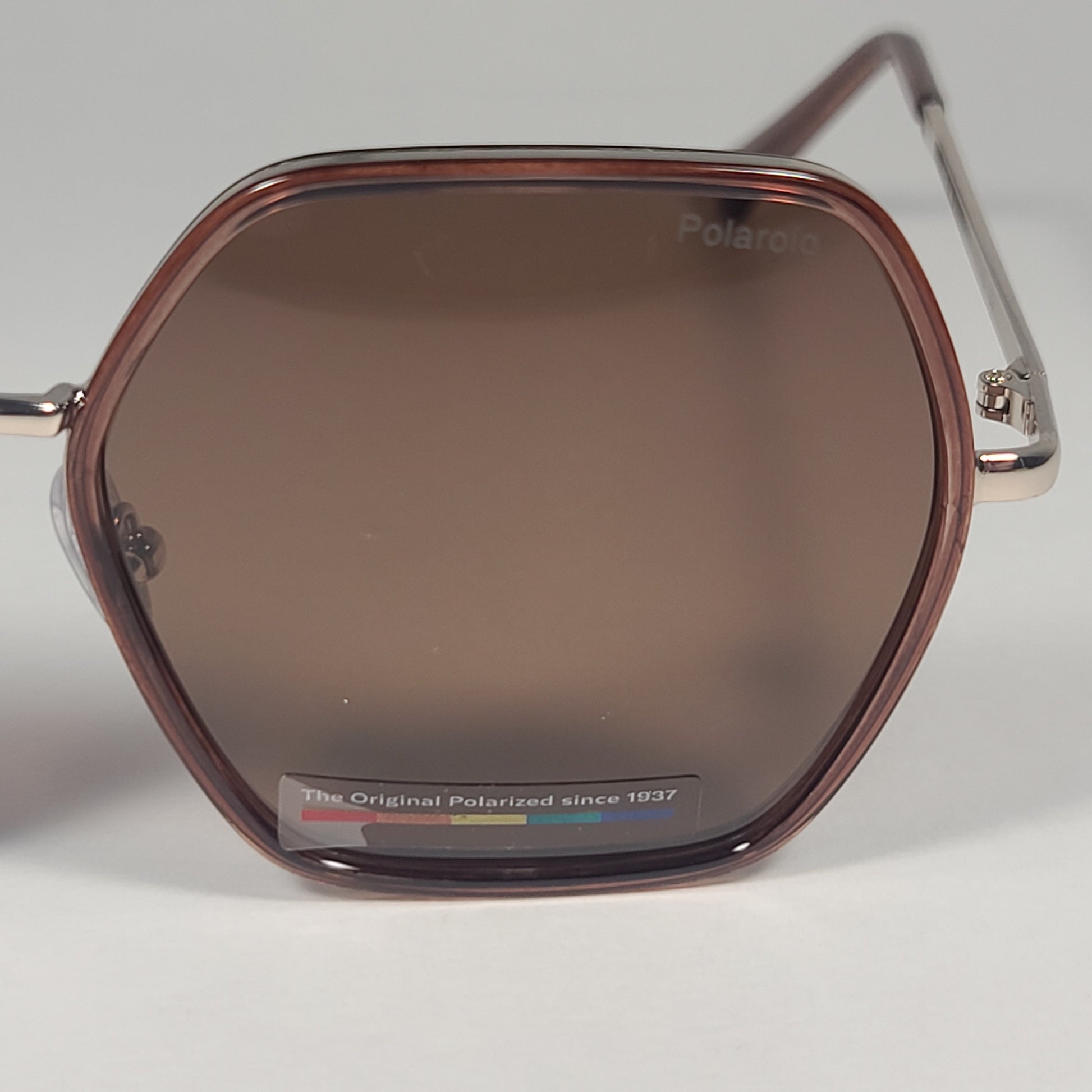 Polaroid Polarized Hexagon Sunglasses Brown Light Gold Frame Brown Lens POL 04 - Sunglasses